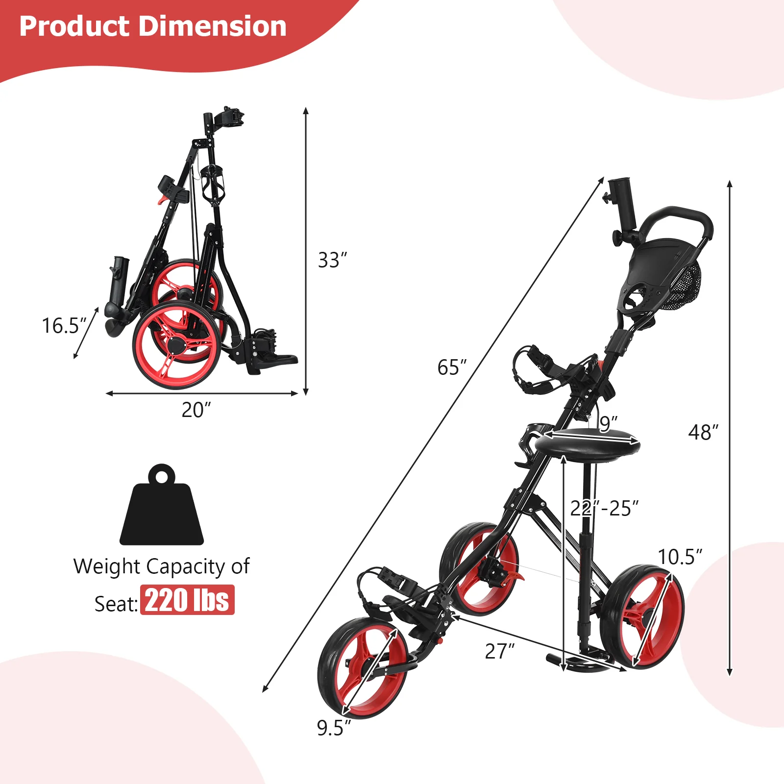 Foldable 3 Wheel Golf Trolley With Scoreboard Bag, Red - Image 5