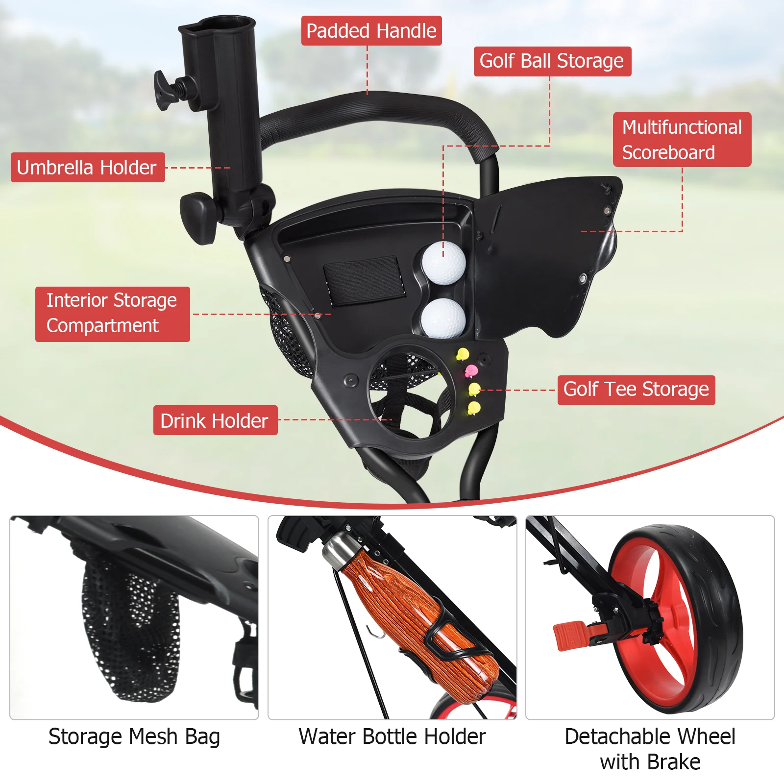 Foldable 3 Wheel Golf Trolley With Scoreboard Bag, Red - Image 8