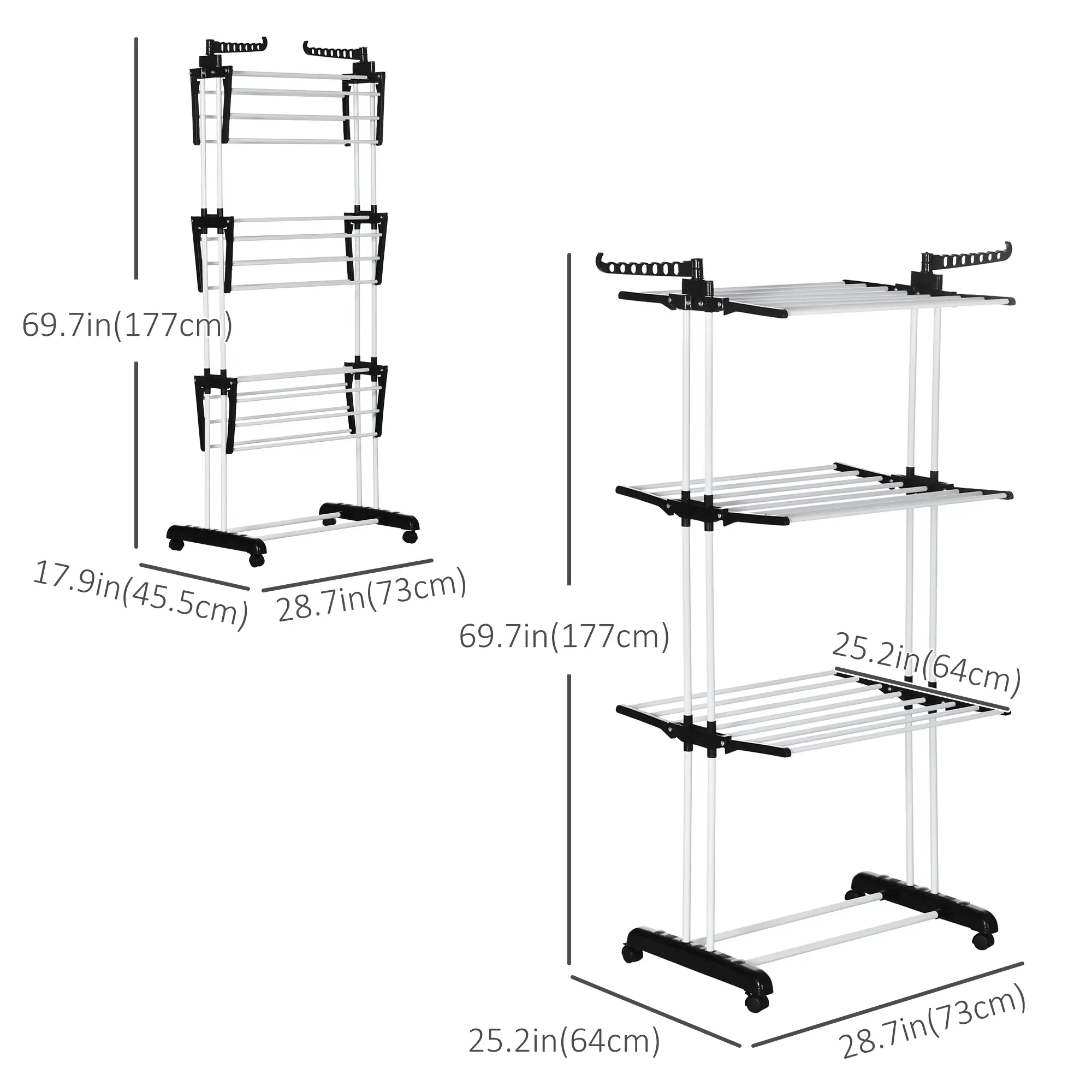 Foldable 4-Tier Steel Clothes Drying Rack, 2 Side Wings, 4 Castors, Black - Image 3