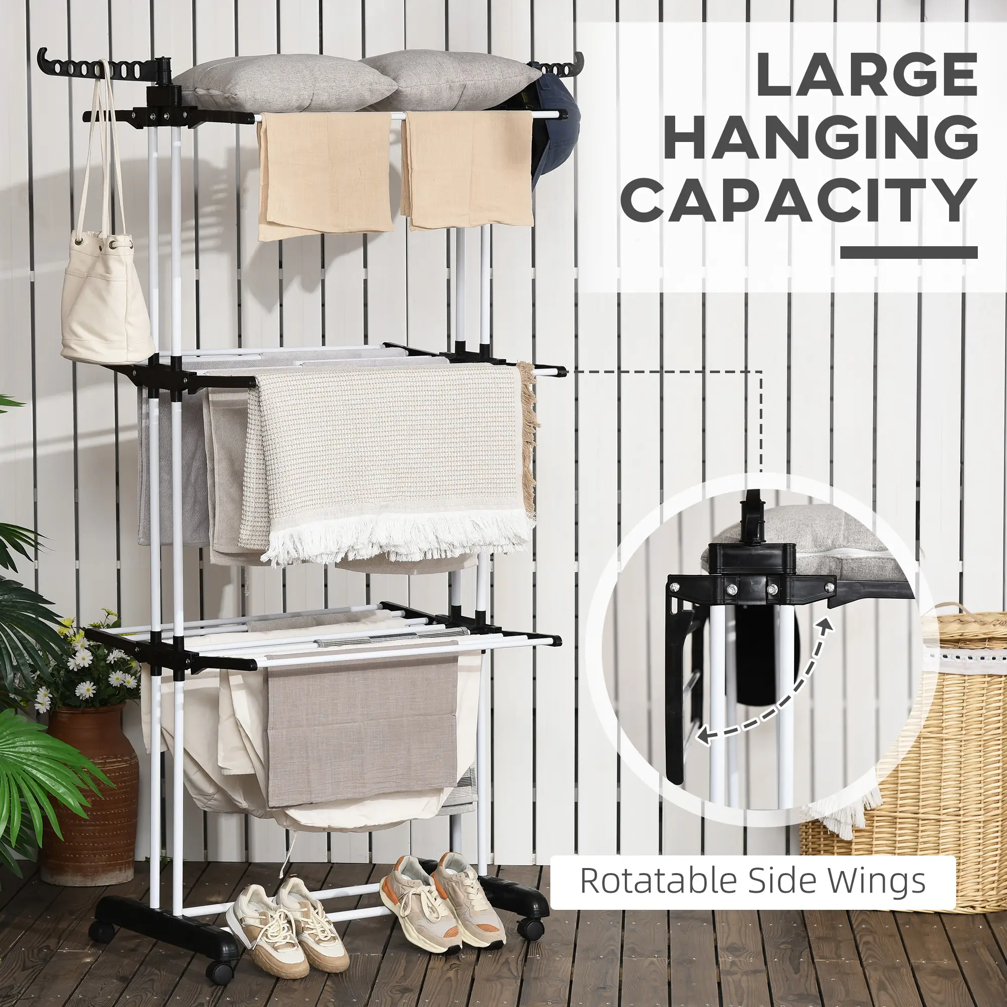 Foldable 4-Tier Steel Clothes Drying Rack, 2 Side Wings, 4 Castors, Black - Image 4
