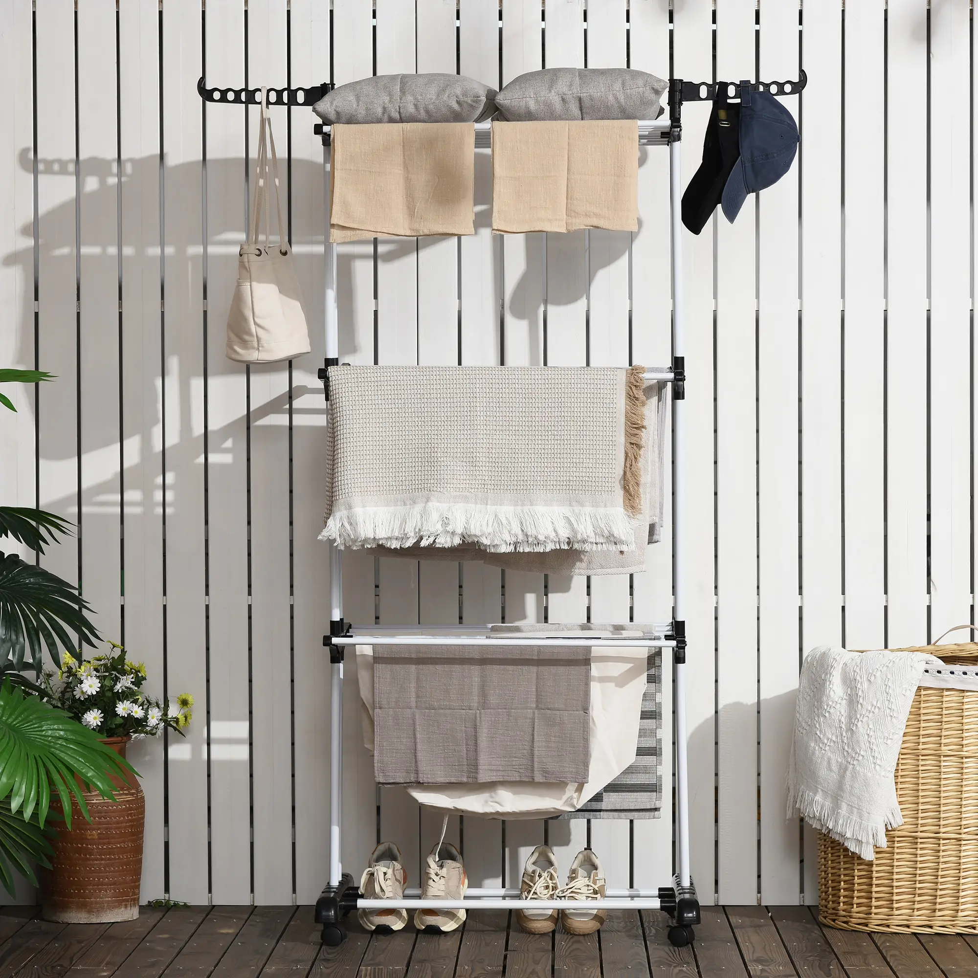 Foldable 4-Tier Steel Clothes Drying Rack, 2 Side Wings, 4 Castors, Black - Image 9