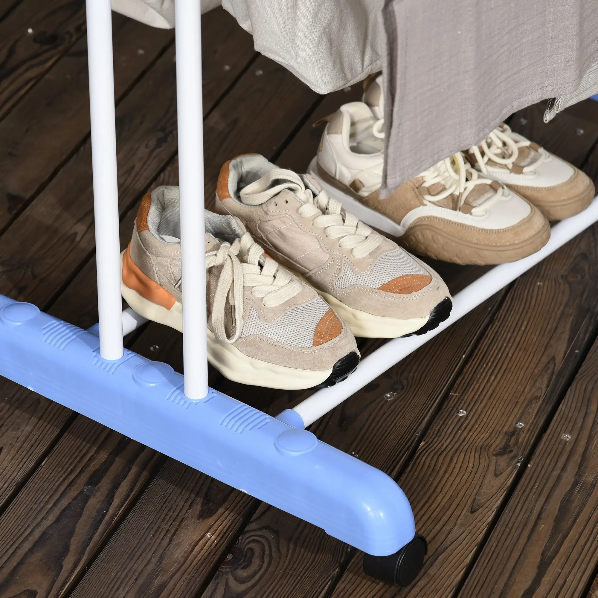Foldable 4-Tier Steel Clothes Drying Rack, 2 Side Wings, 4 Castors, Indoor Outdoor, Blue - Image 10