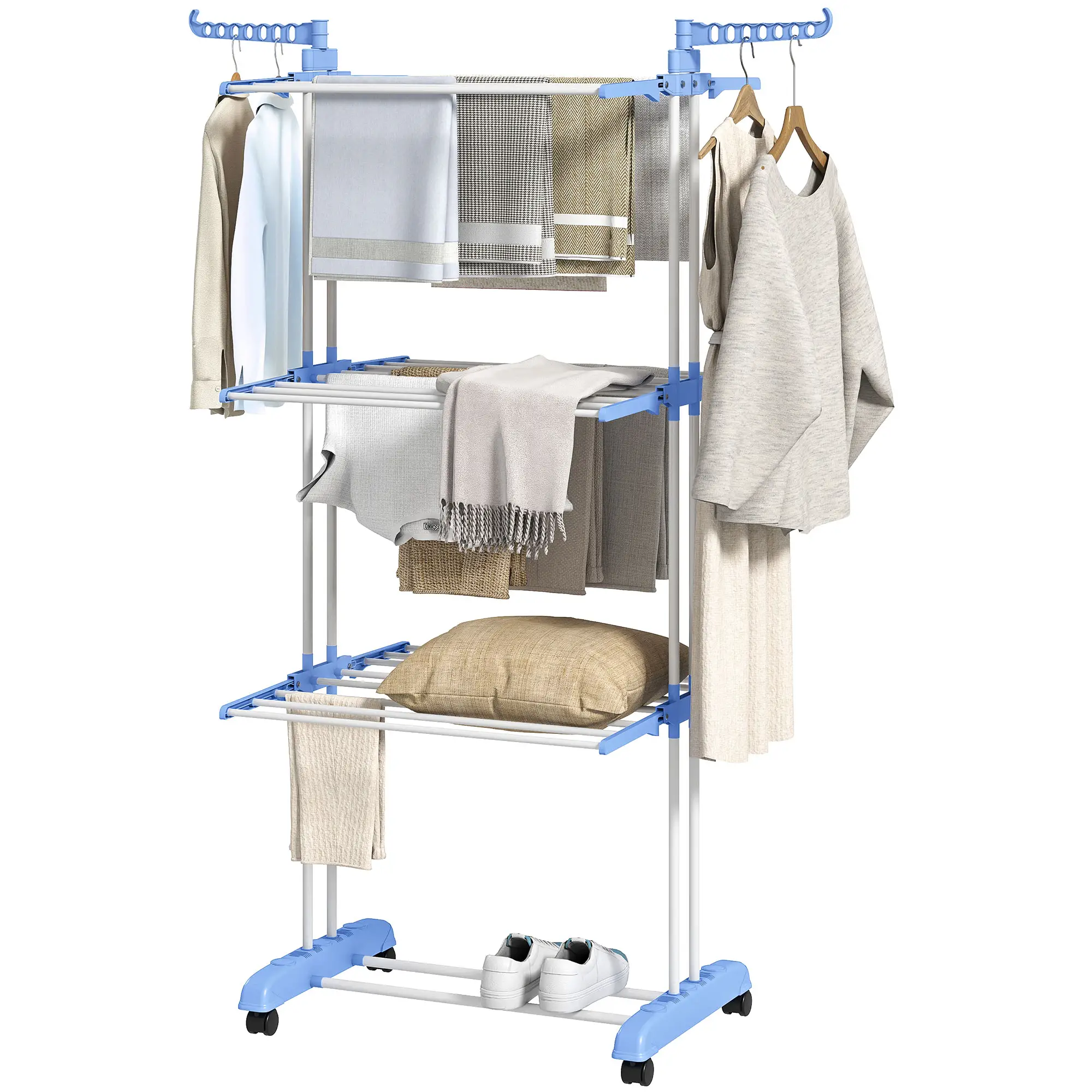 Foldable 4-Tier Steel Clothes Drying Rack, 2 Side Wings, 4 Castors, Indoor Outdoor, Blue - Image 11
