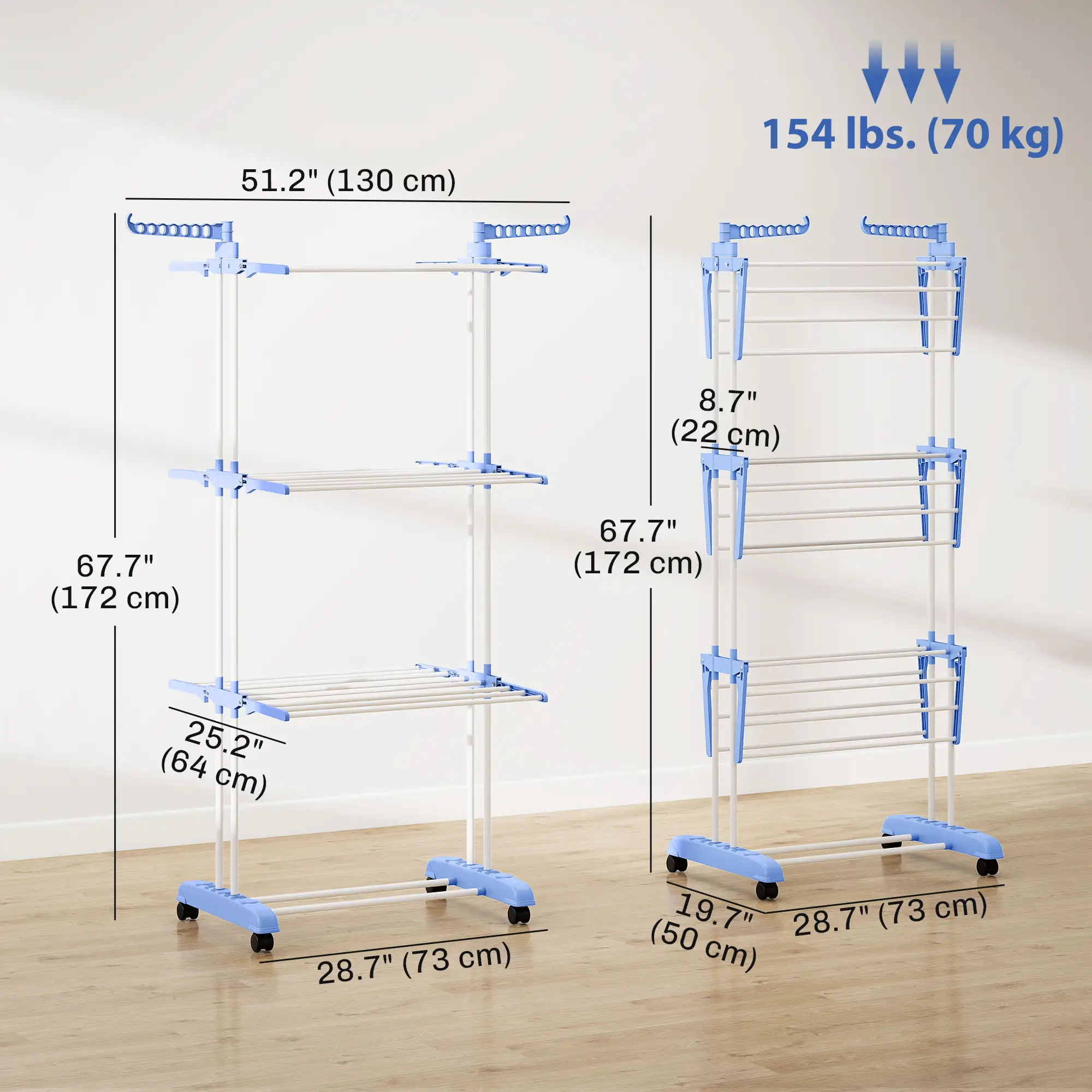 Foldable 4-Tier Steel Clothes Drying Rack, 2 Side Wings, 4 Castors, Indoor Outdoor, Blue - Image 3