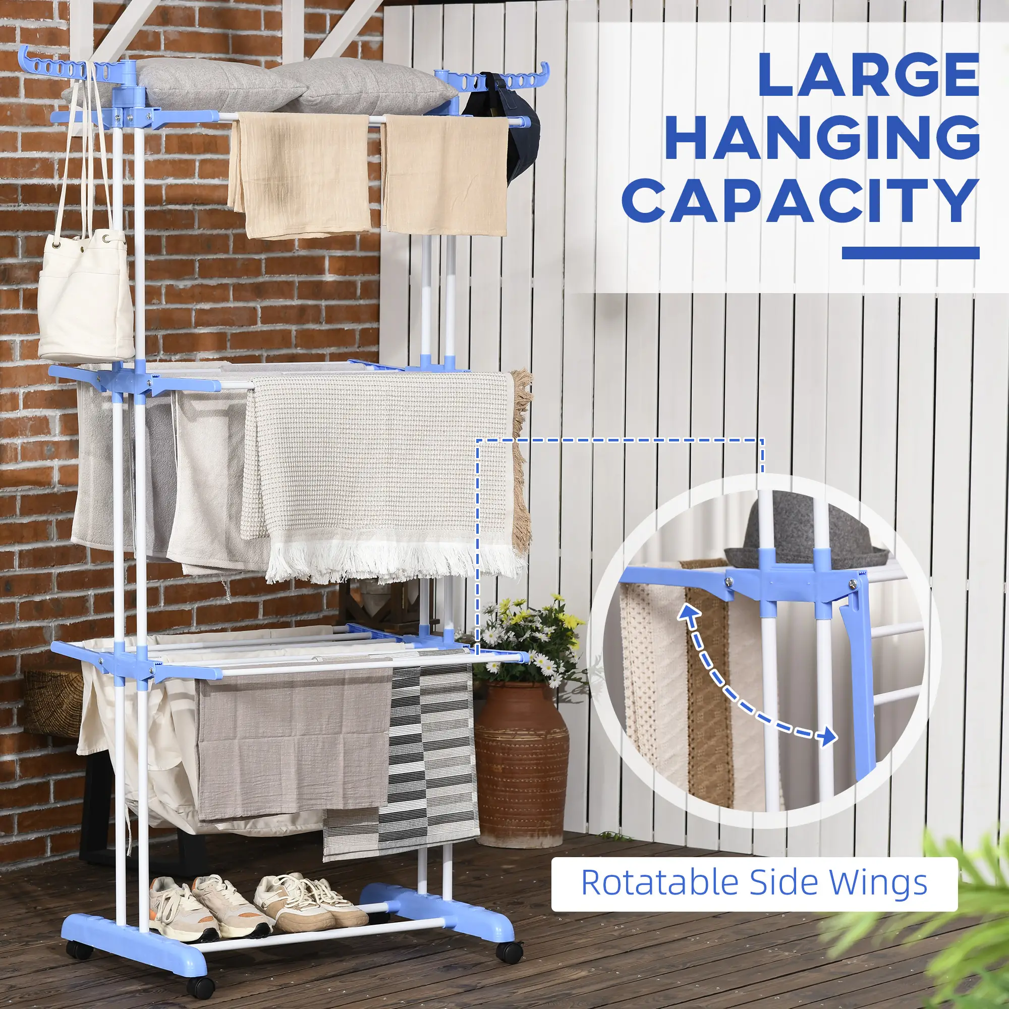 Foldable 4-Tier Steel Clothes Drying Rack, 2 Side Wings, 4 Castors, Indoor Outdoor, Blue - Image 4