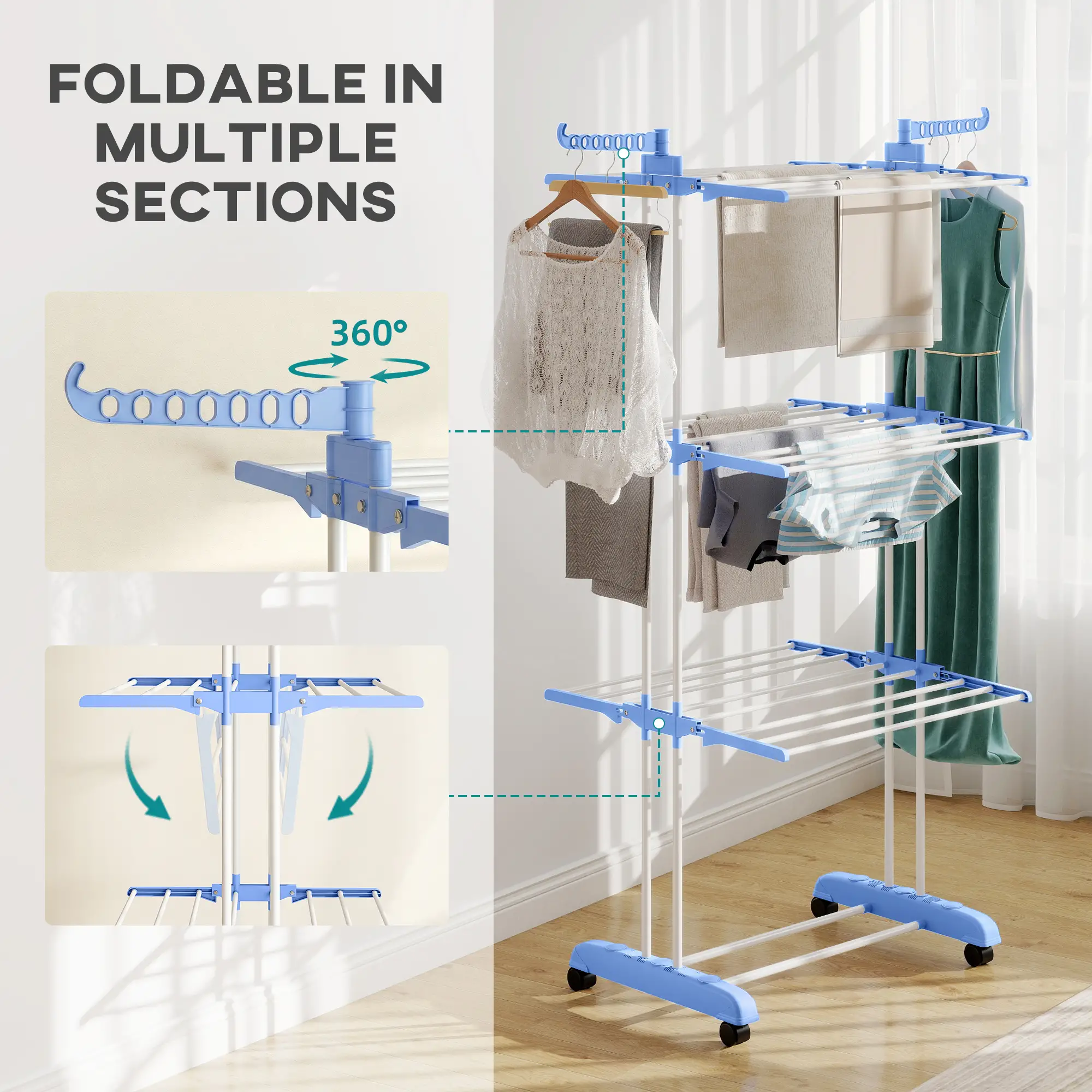 Foldable 4-Tier Steel Clothes Drying Rack, 2 Side Wings, 4 Castors, Indoor Outdoor, Blue - Image 6