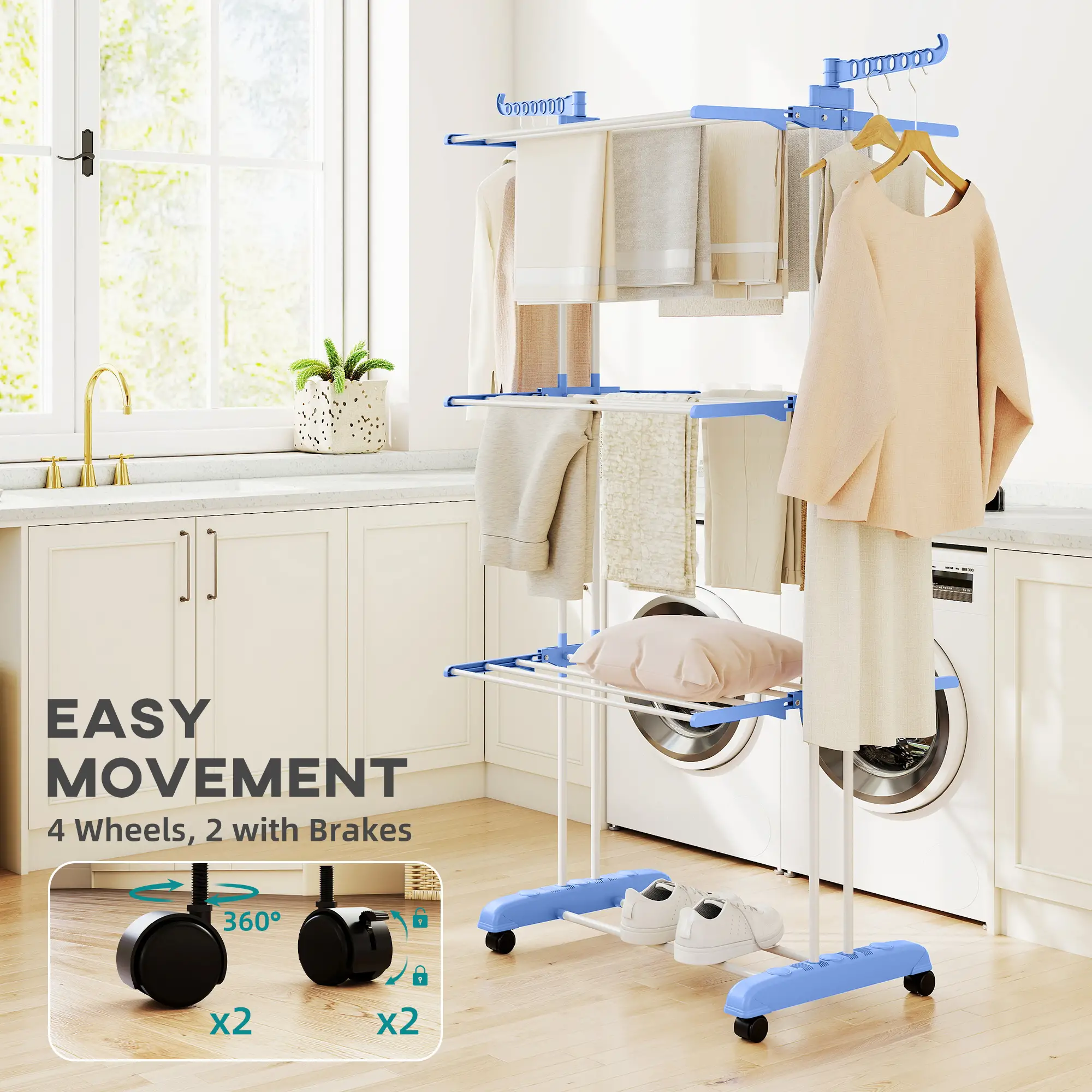 Foldable 4-Tier Steel Clothes Drying Rack, 2 Side Wings, 4 Castors, Indoor Outdoor, Blue - Image 7