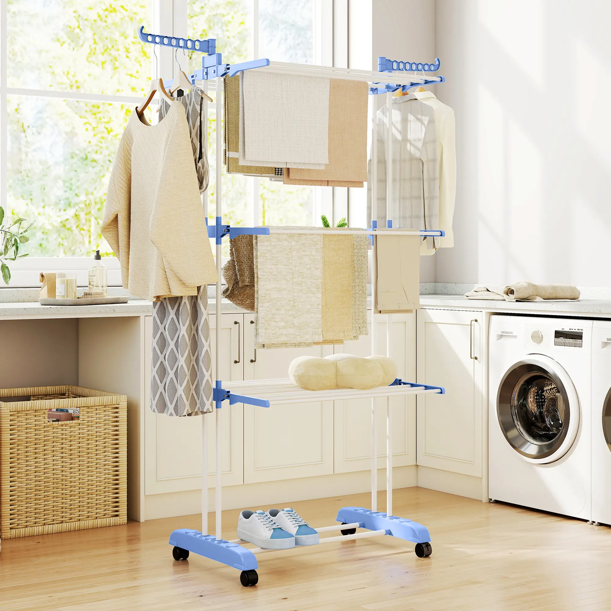 Foldable 4-Tier Steel Clothes Drying Rack, 2 Side Wings, 4 Castors, Indoor Outdoor, Blue - Image 8
