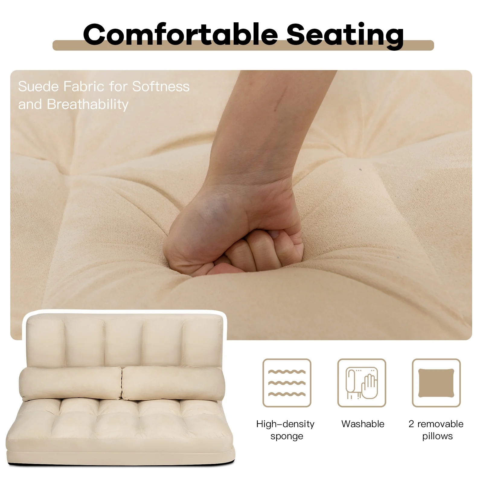 Foldable 6-Position Adjustable Lounge Couch, Beige - Image 10