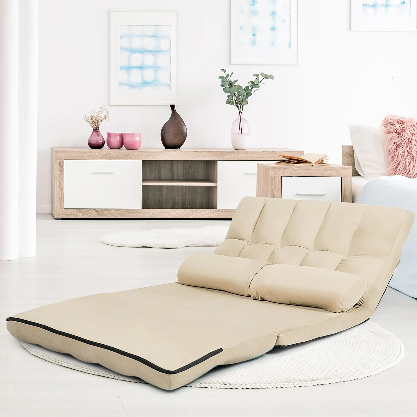 Foldable 6-Position Adjustable Lounge Couch, Beige - Image 3