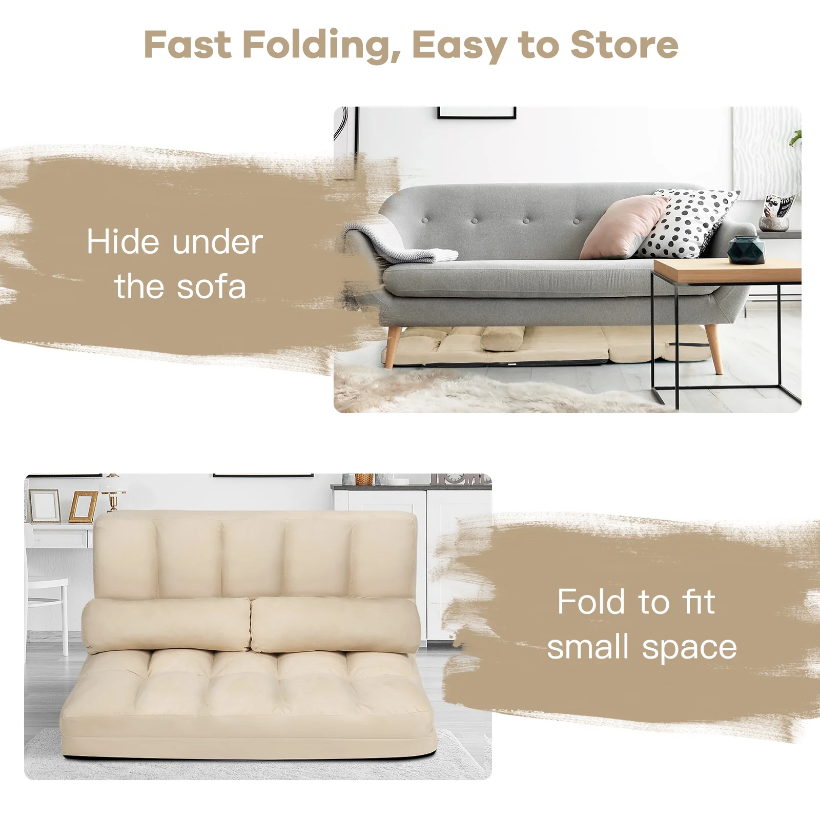 Foldable 6-Position Adjustable Lounge Couch, Beige - Image 4