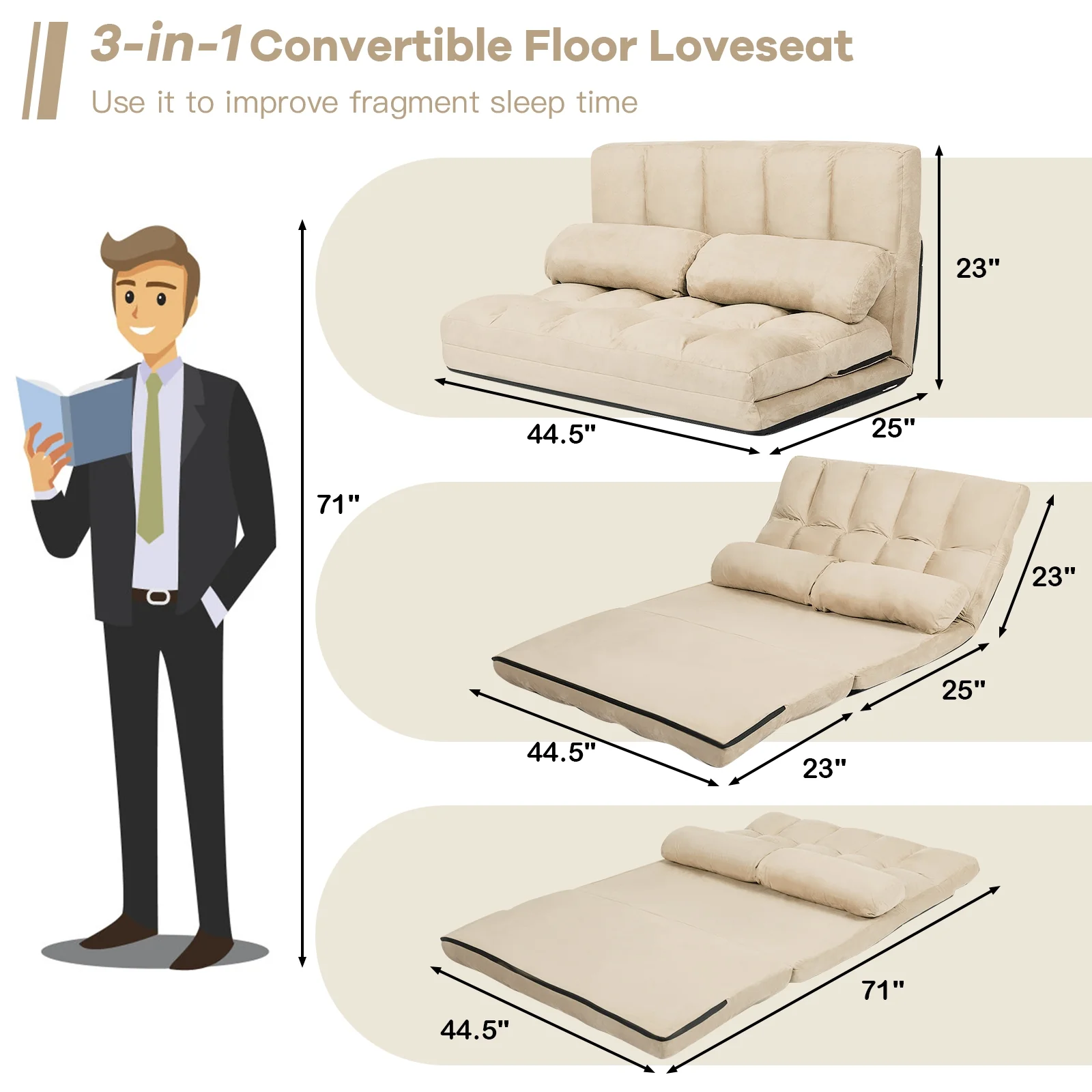 Foldable 6-Position Adjustable Lounge Couch, Beige - Image 5