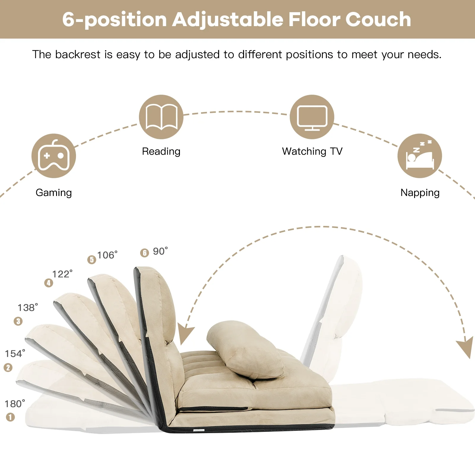 Foldable 6-Position Adjustable Lounge Couch, Beige - Image 6