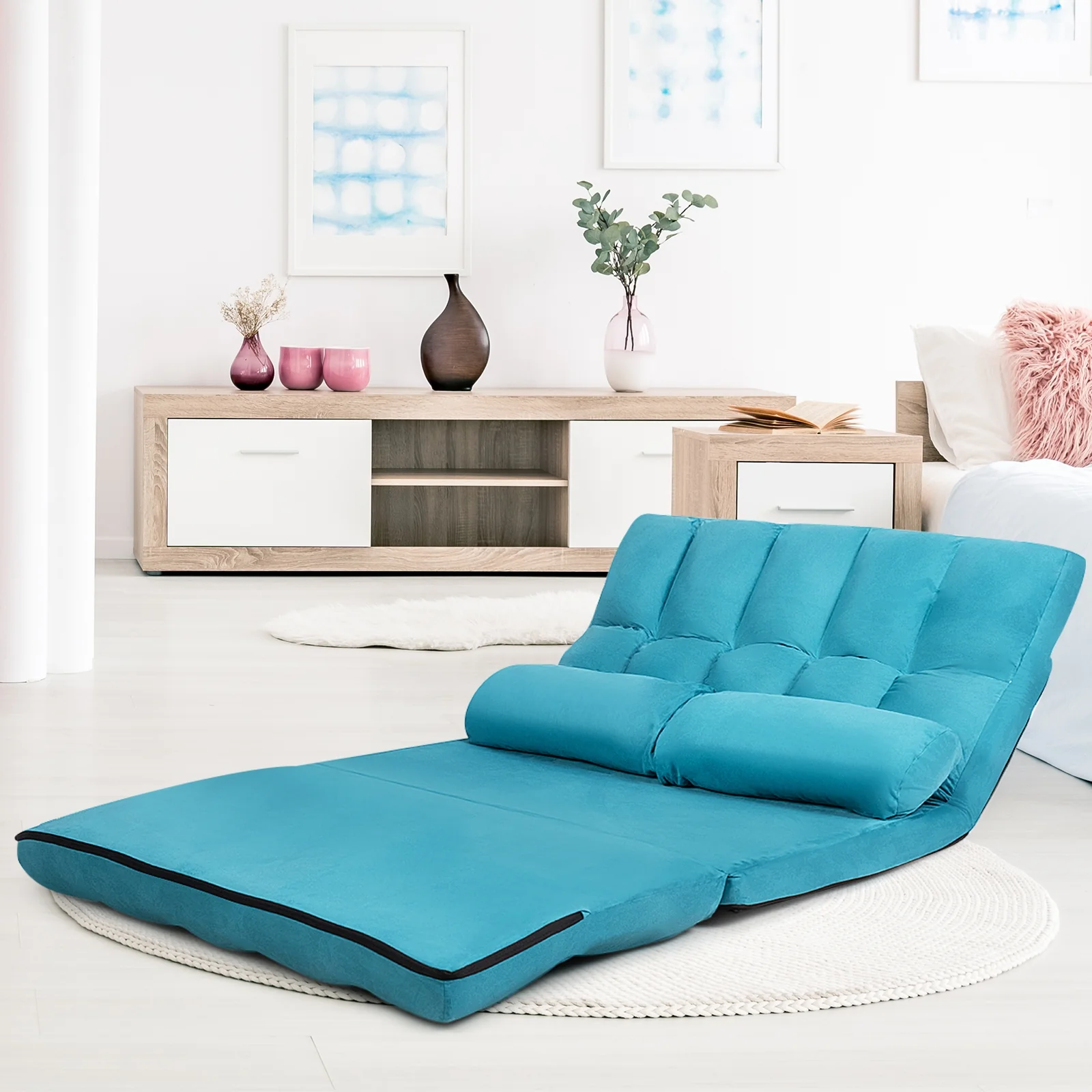 Foldable 6-Position Adjustable Lounge Couch, Blue - Image 2