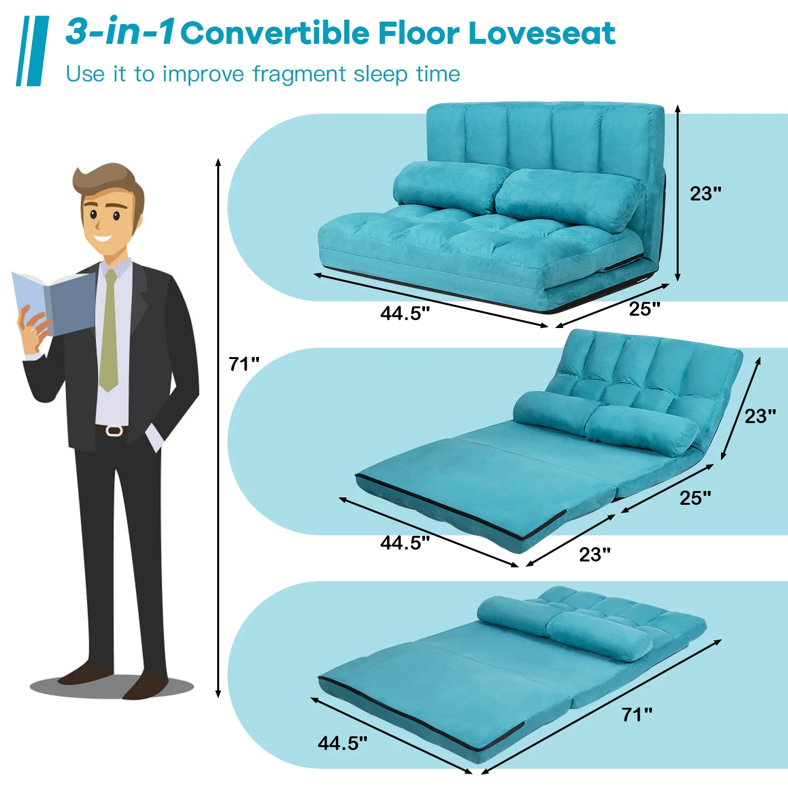 Foldable 6-Position Adjustable Lounge Couch, Blue - Image 6