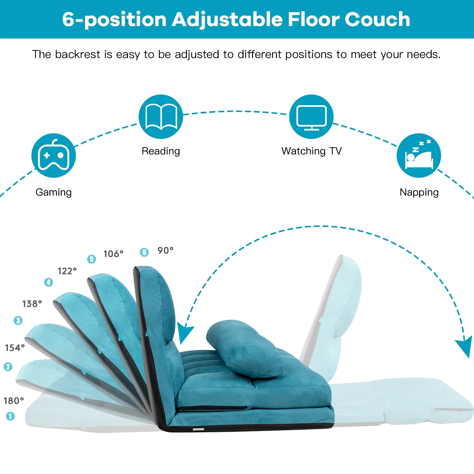 Foldable 6-Position Adjustable Lounge Couch, Blue - Image 9