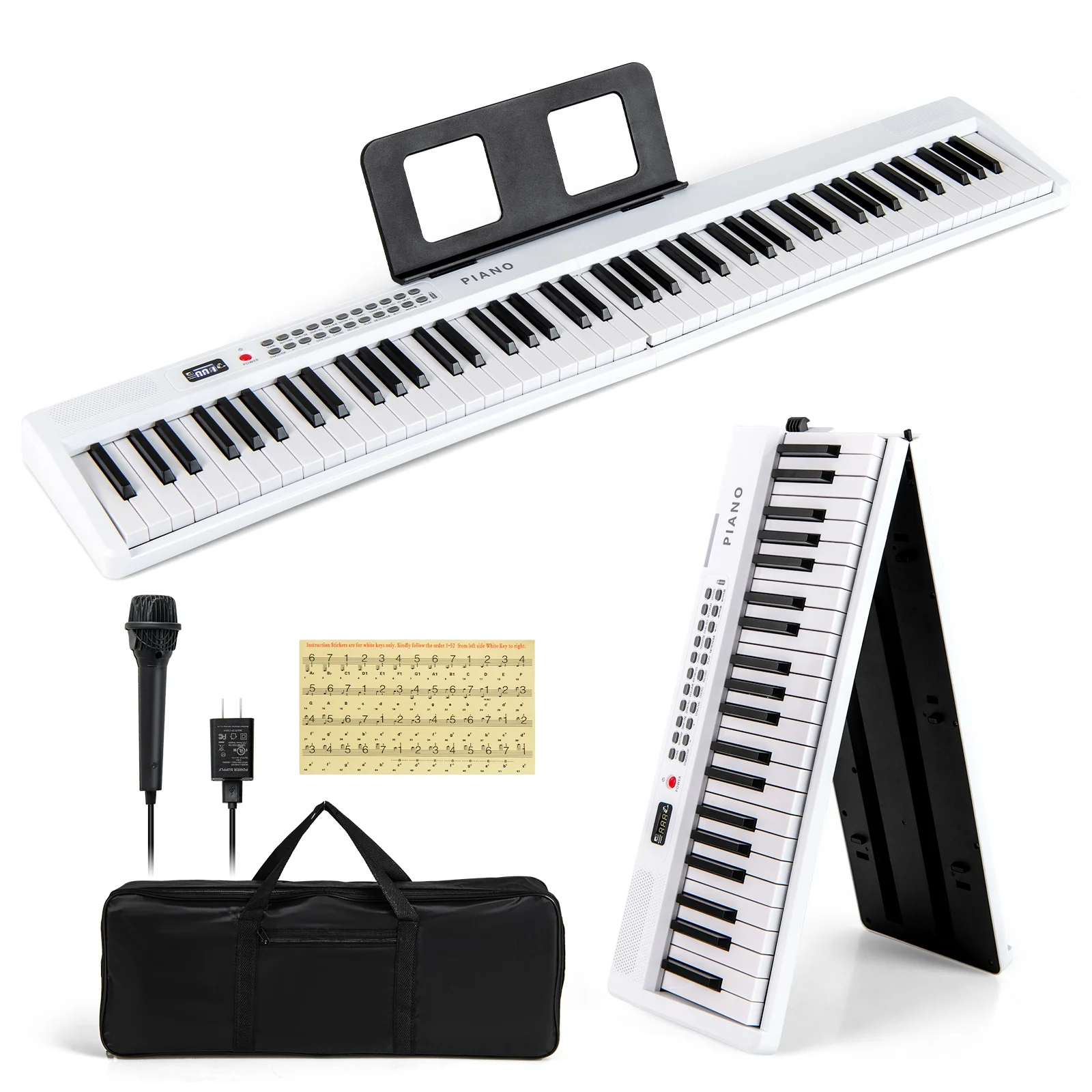 Foldable 88 Key Electric Keyboard Piano, Wireless MIDI, Dual Speakers, White