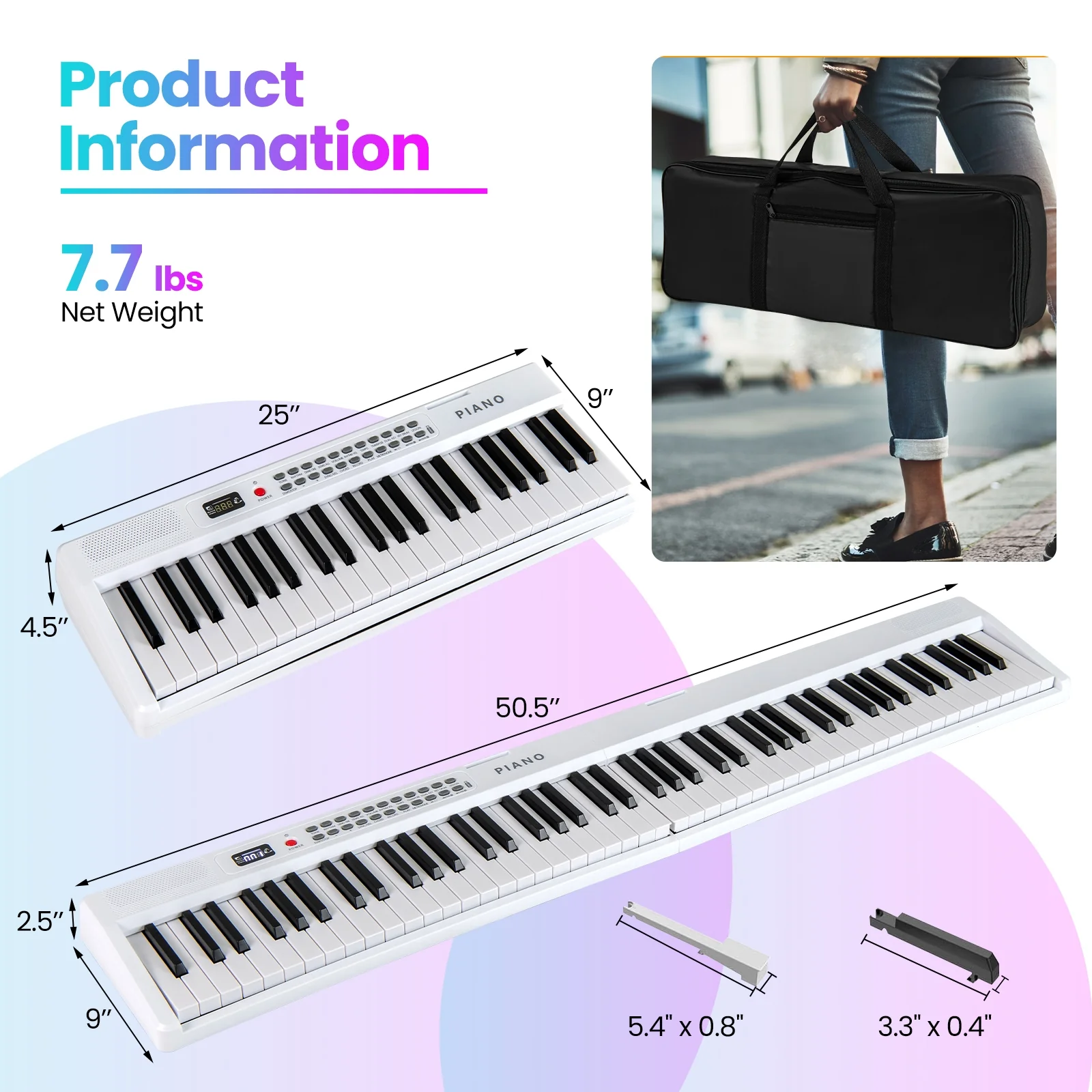 Foldable 88 Key Electric Keyboard Piano, Wireless MIDI, Dual Speakers, White - Image 5