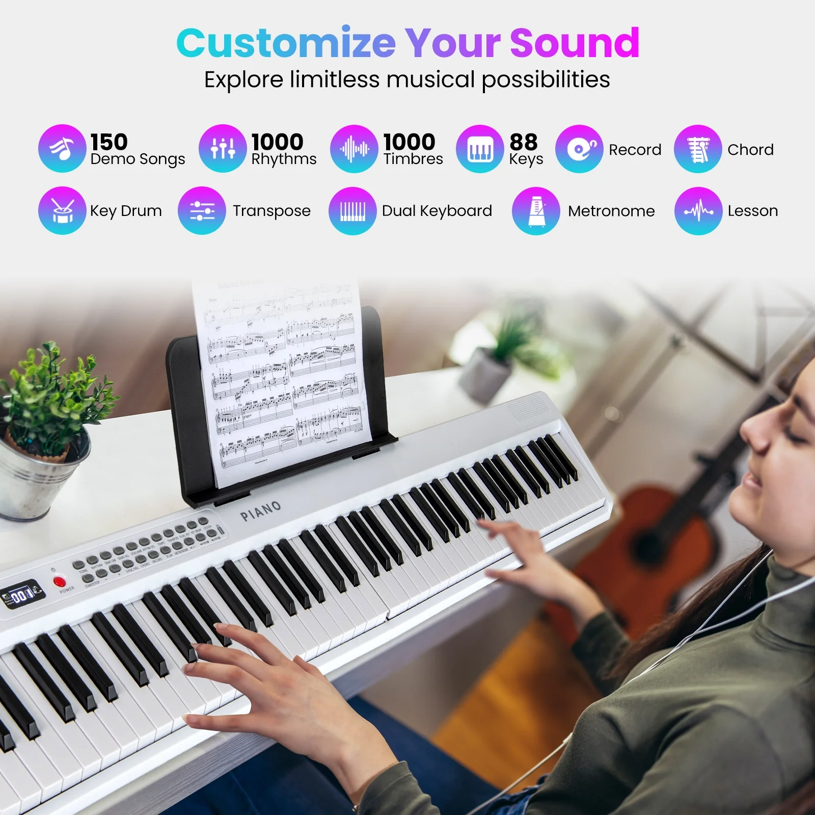 Foldable 88 Key Electric Keyboard Piano, Wireless MIDI, Dual Speakers, White - Image 7