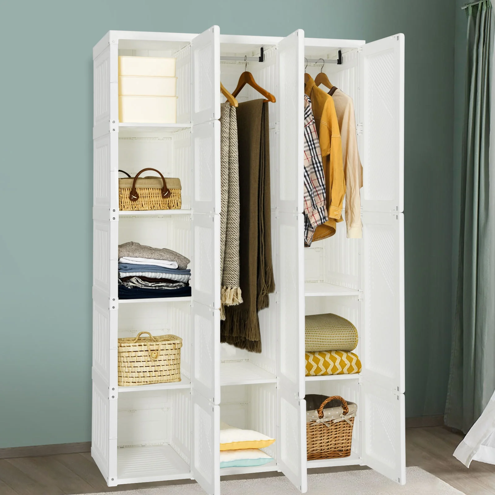 Foldable Armoire Wardrobe Closet, 10 Cubes, White - Image 3