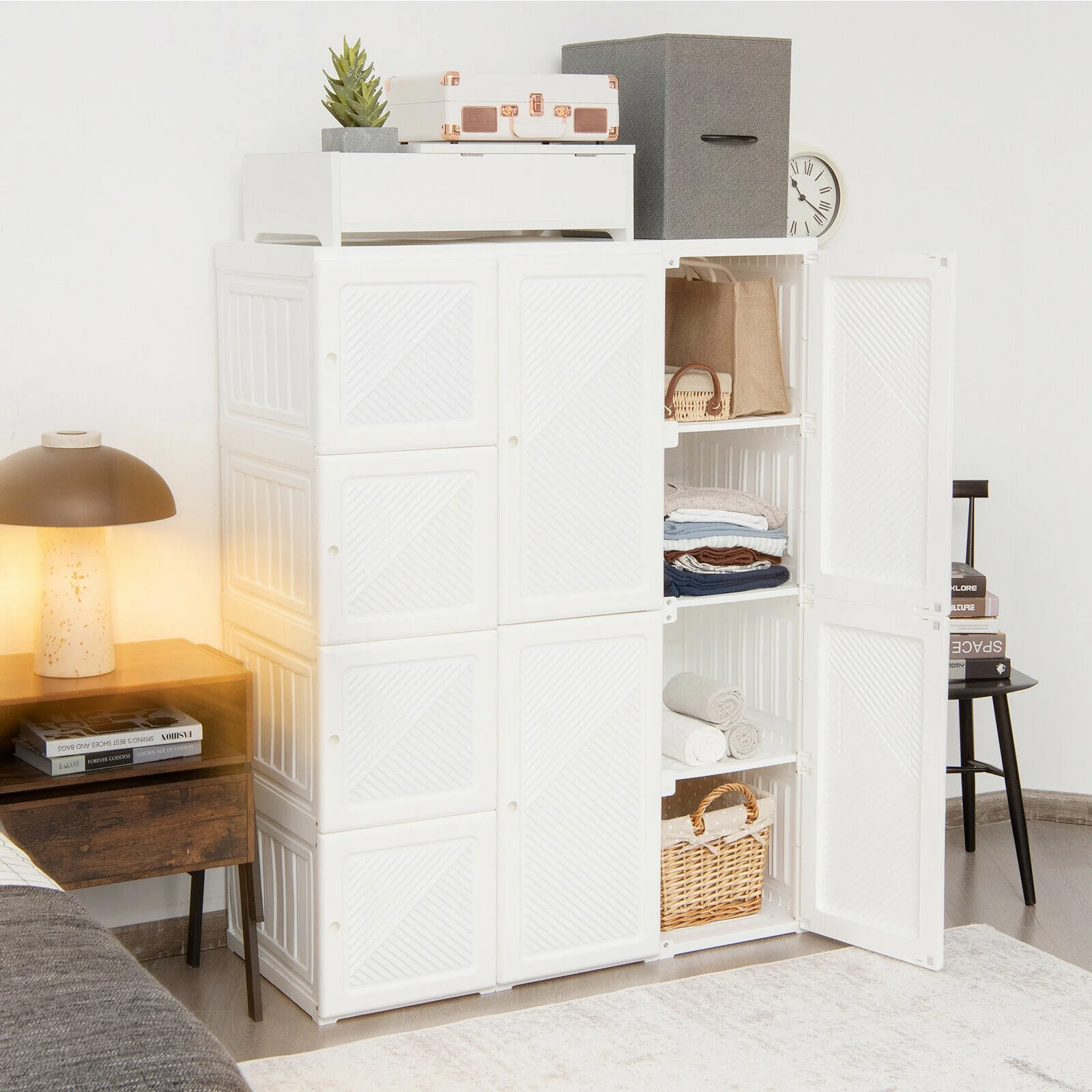 Foldable Armoire Wardrobe Closet, 12 Cubby Storage, White - Image 2