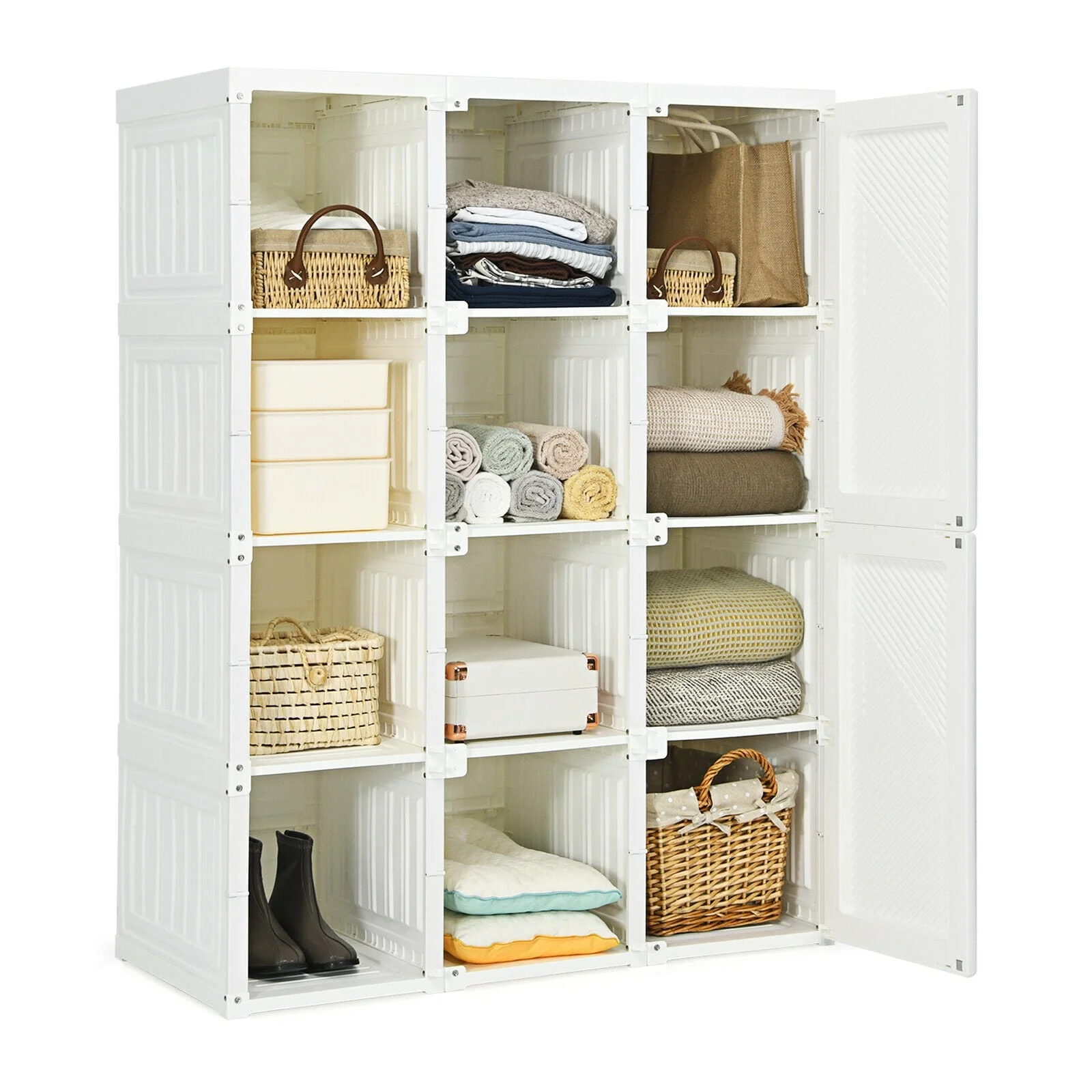 Foldable Armoire Wardrobe Closet, 12 Cubby Storage, White - Image 4