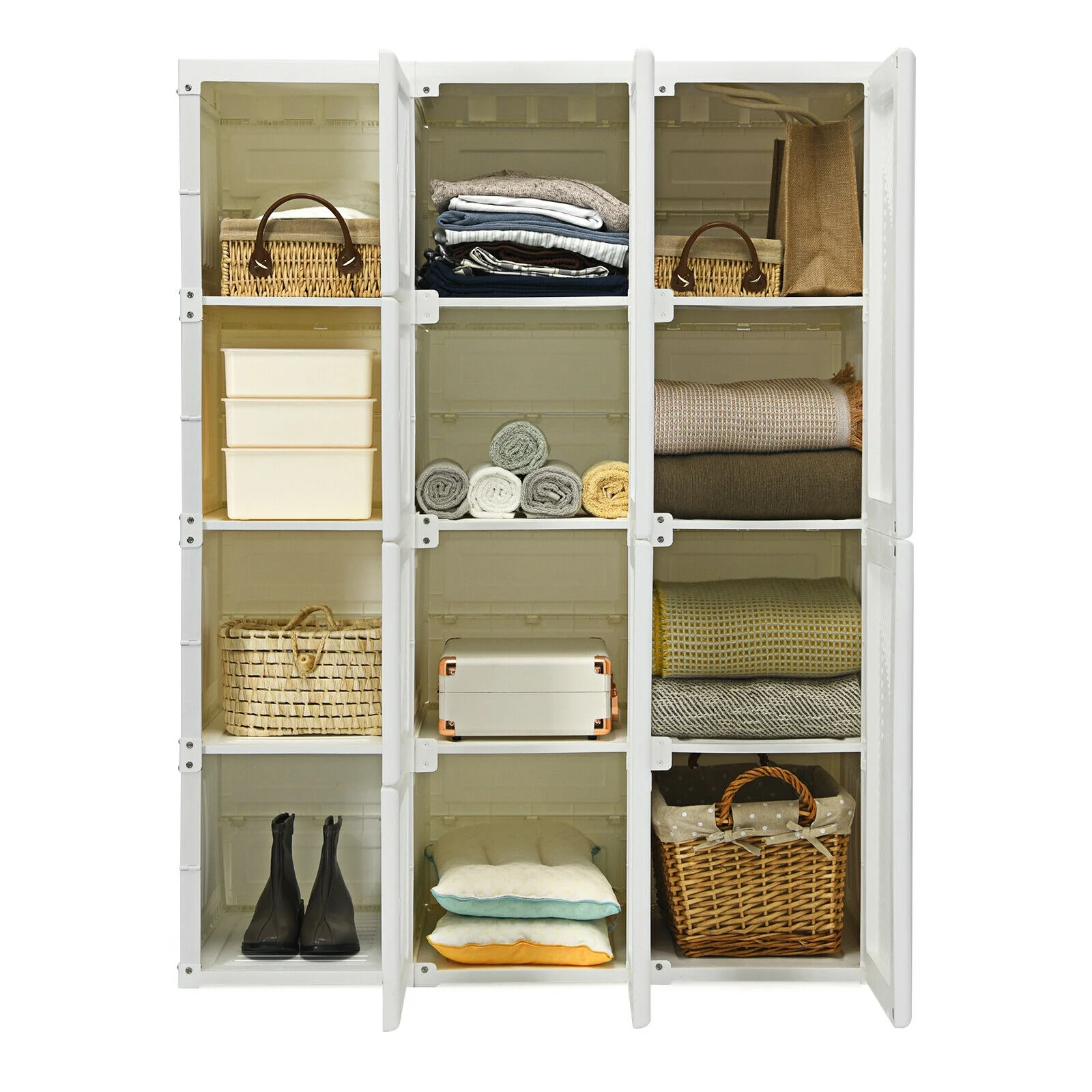 Foldable Armoire Wardrobe Closet, 12 Cubby Storage, White - Image 5