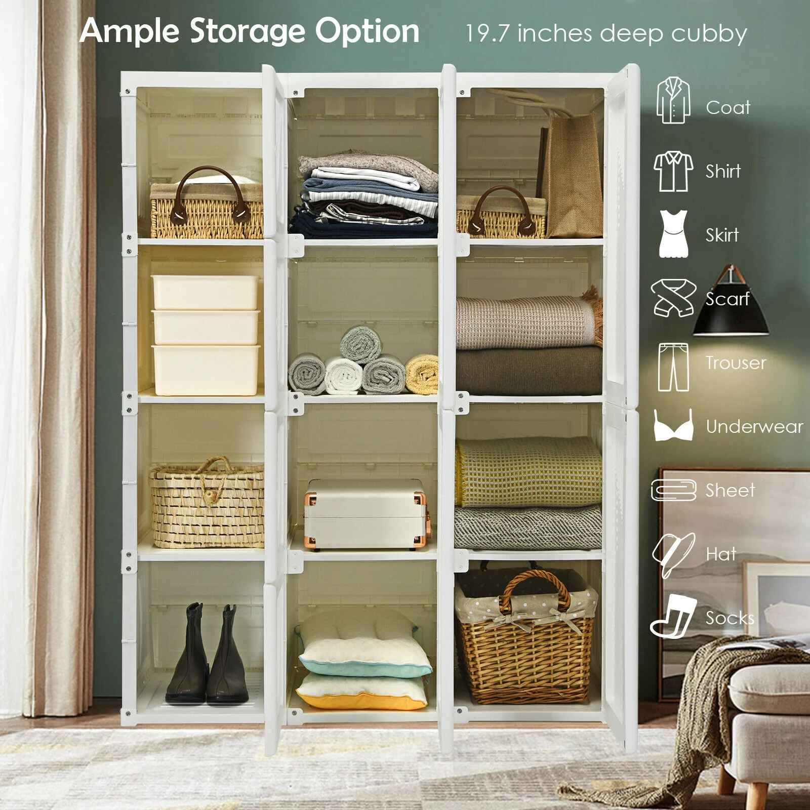 Foldable Armoire Wardrobe Closet, 12 Cubby Storage, White - Image 7