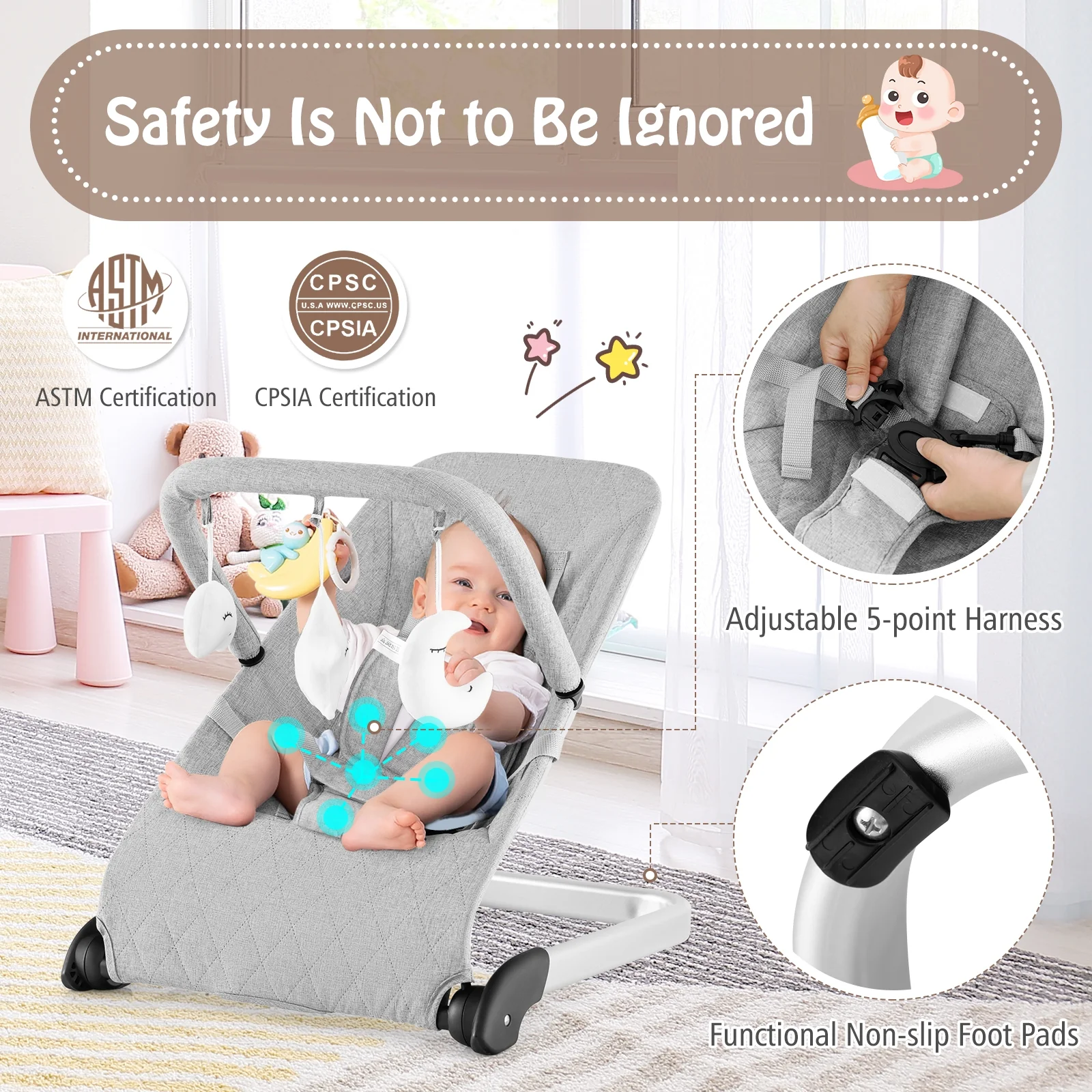 Foldable Baby Bouncer, Removable Fabric Cover, Toy Bar, Gray - Image 10
