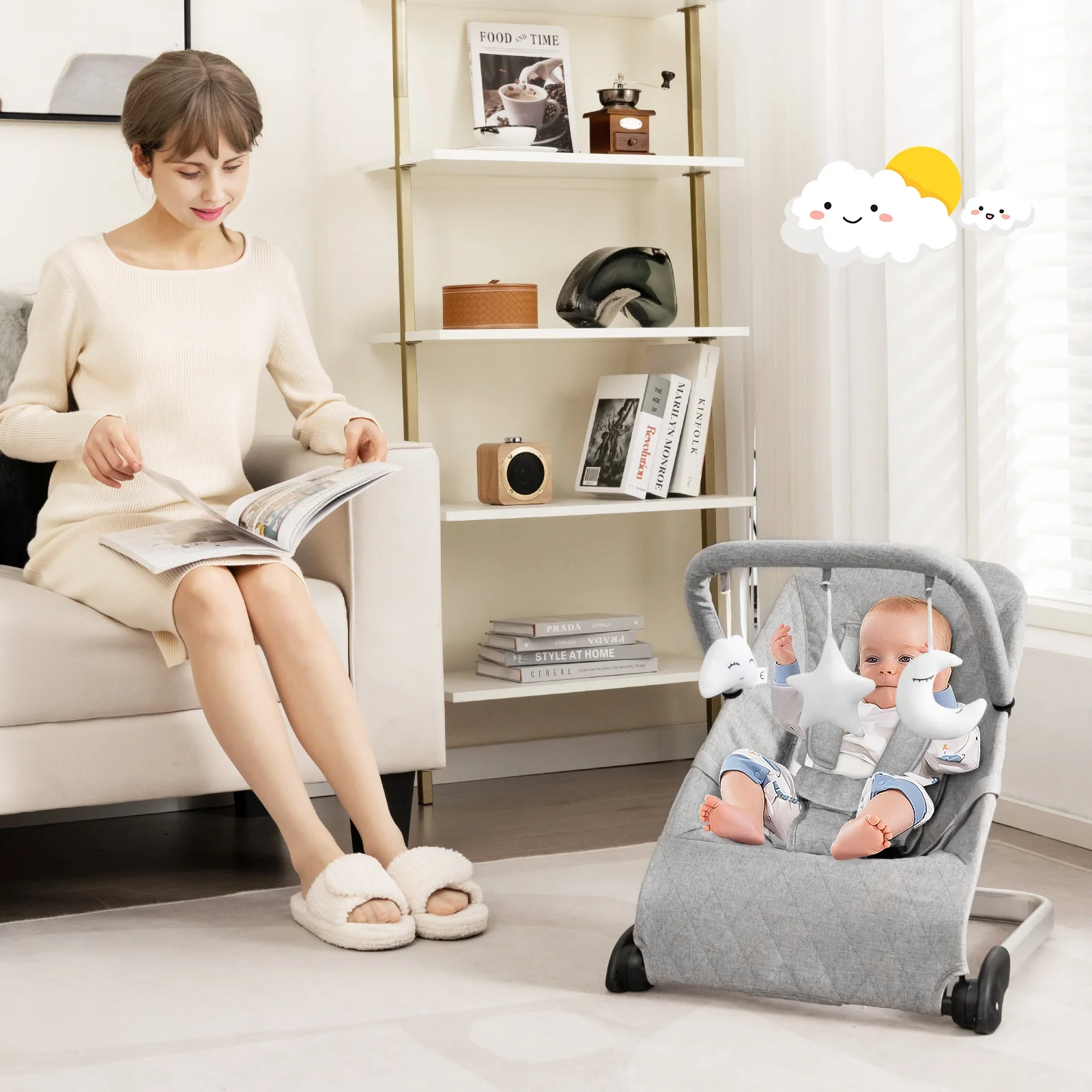Foldable Baby Bouncer, Removable Fabric Cover, Toy Bar, Gray - Image 2