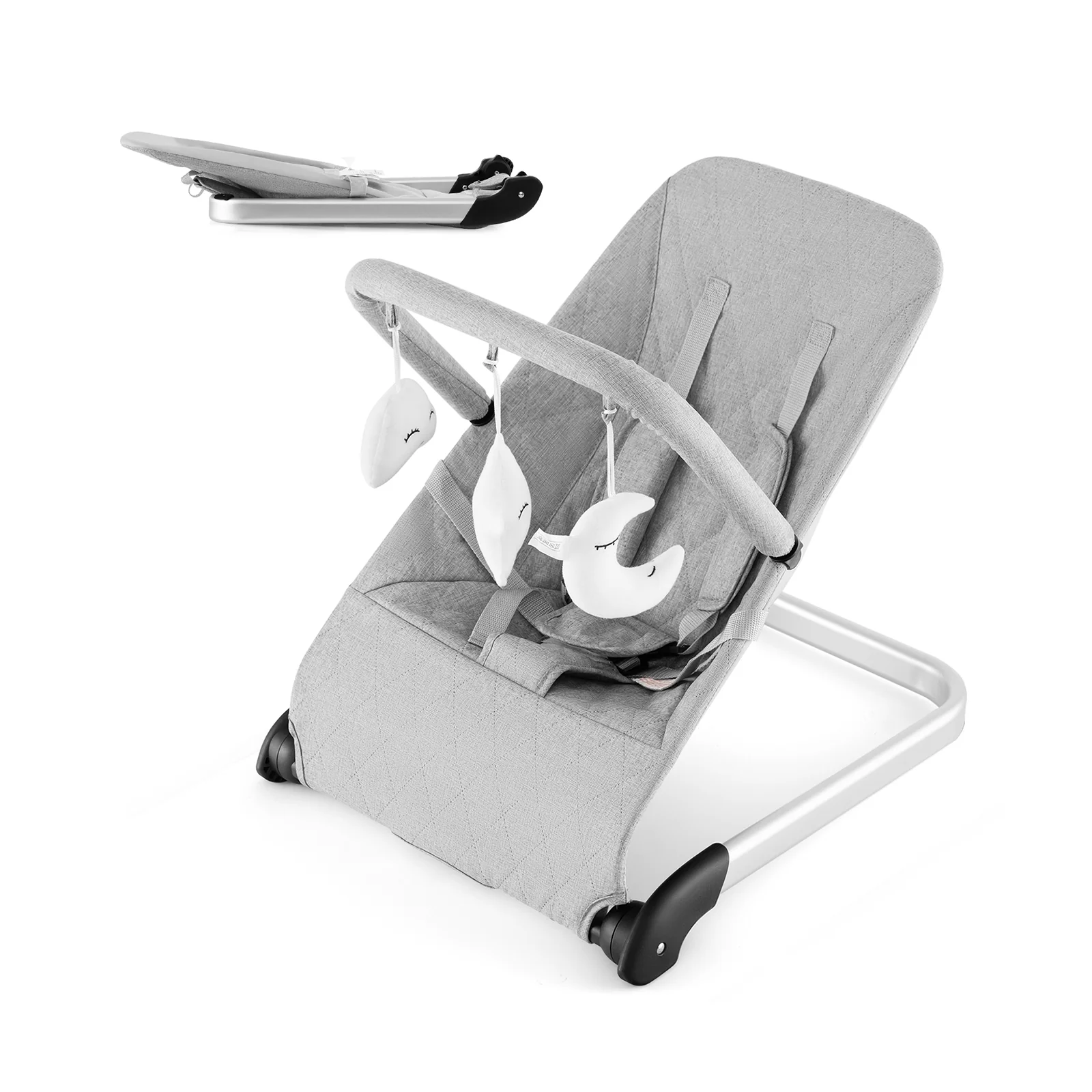 Foldable Baby Bouncer, Removable Fabric Cover, Toy Bar, Gray - Image 4