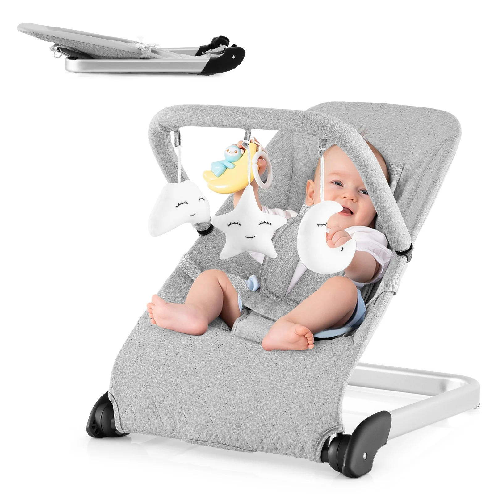 Foldable Baby Bouncer, Removable Fabric Cover, Toy Bar, Gray - Image 5