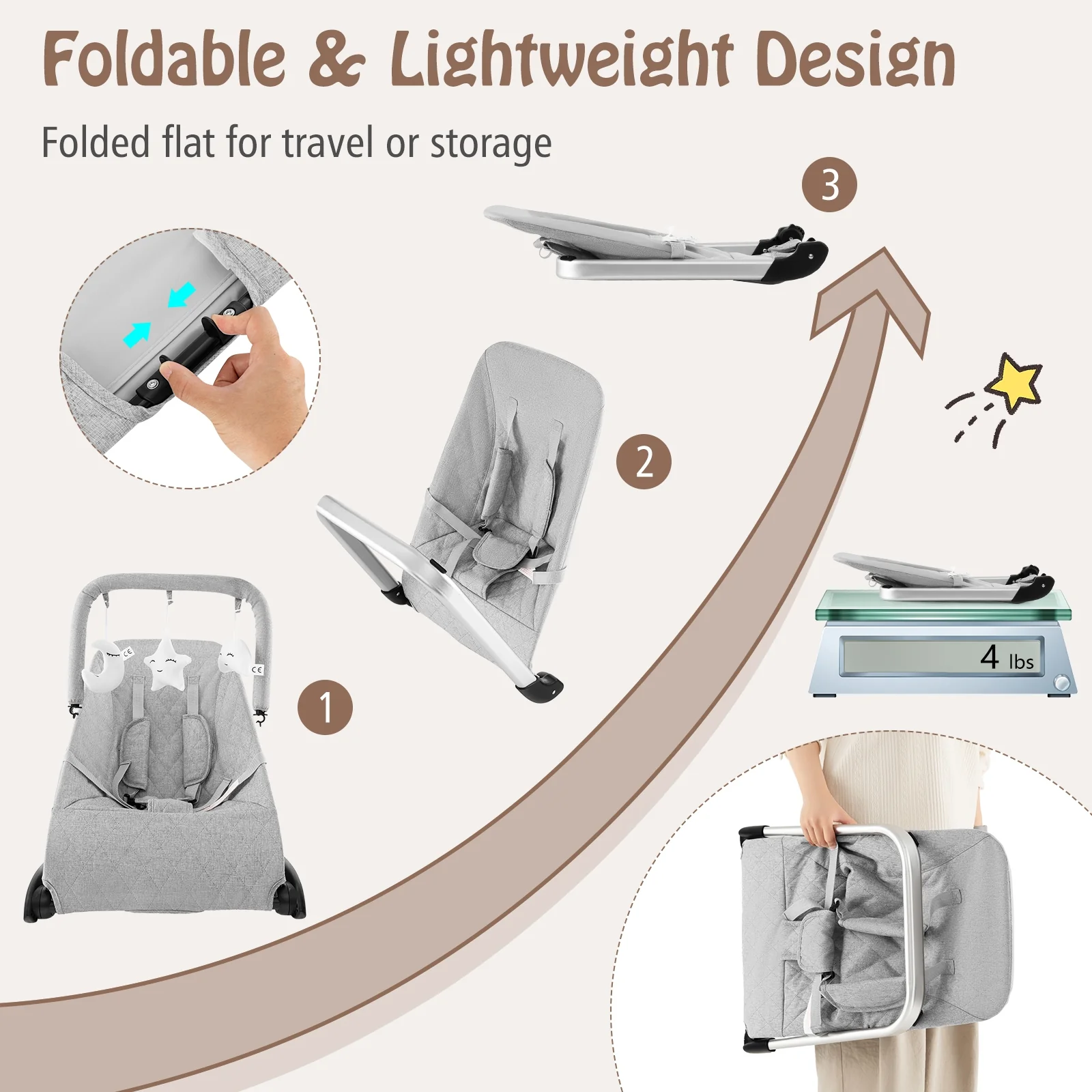 Foldable Baby Bouncer, Removable Fabric Cover, Toy Bar, Gray - Image 8