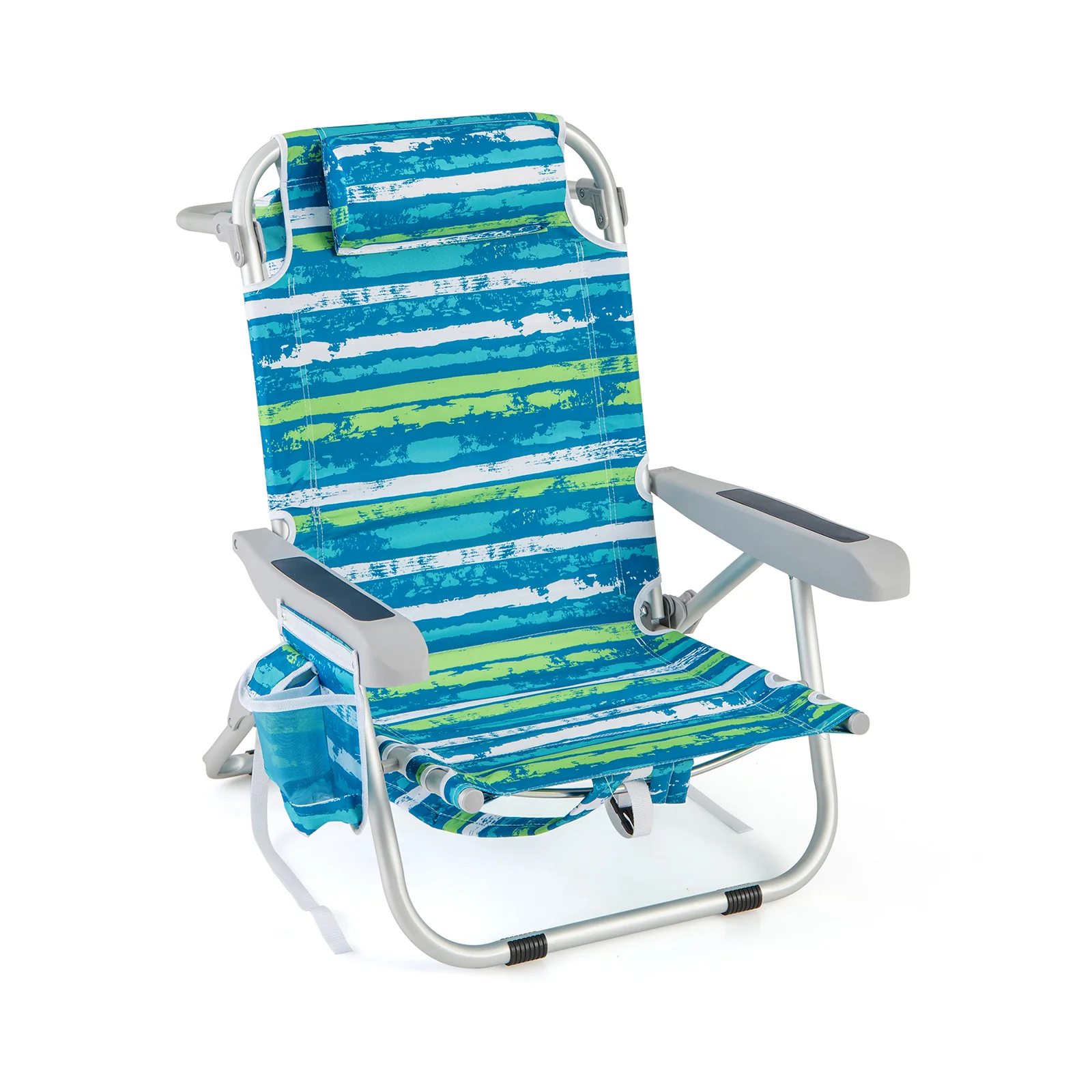 Foldable Backpack Beach Chair, Cup Holder, Storage Pockets, Blue Green