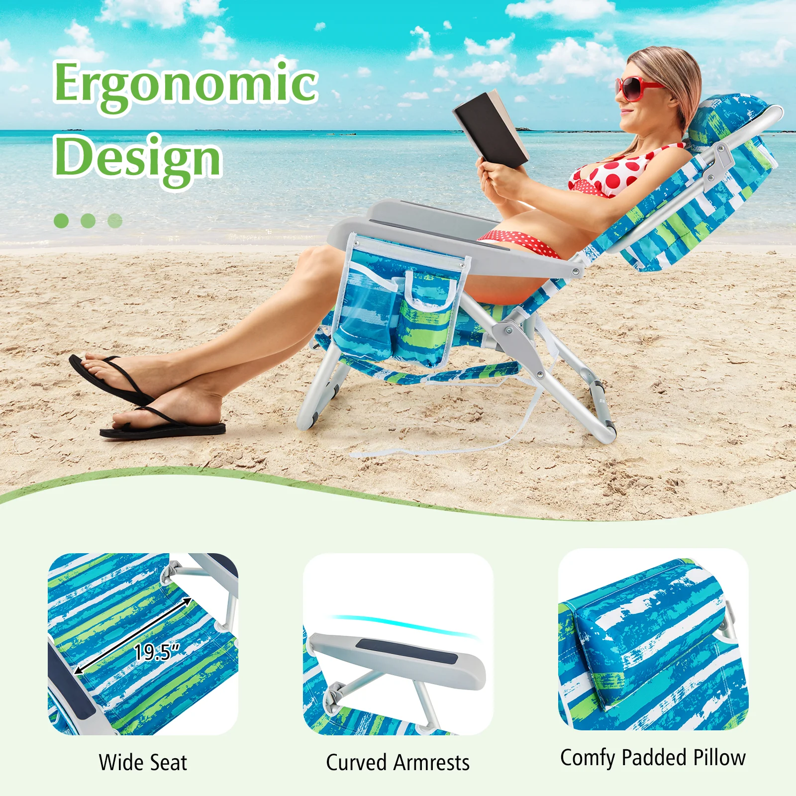 Foldable Backpack Beach Chair, Cup Holder, Storage Pockets, Blue Green - Image 10