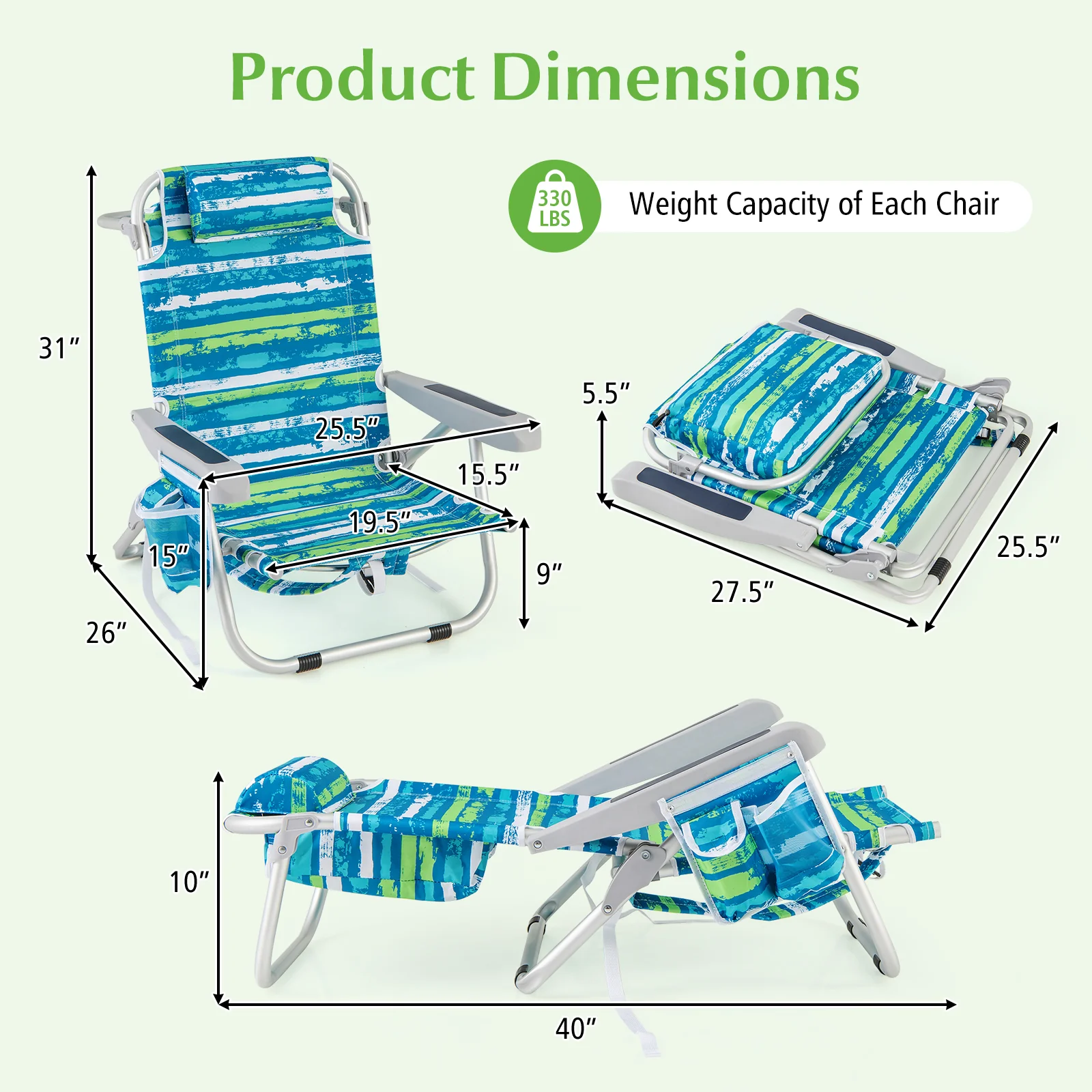 Foldable Backpack Beach Chair, Cup Holder, Storage Pockets, Blue Green - Image 4