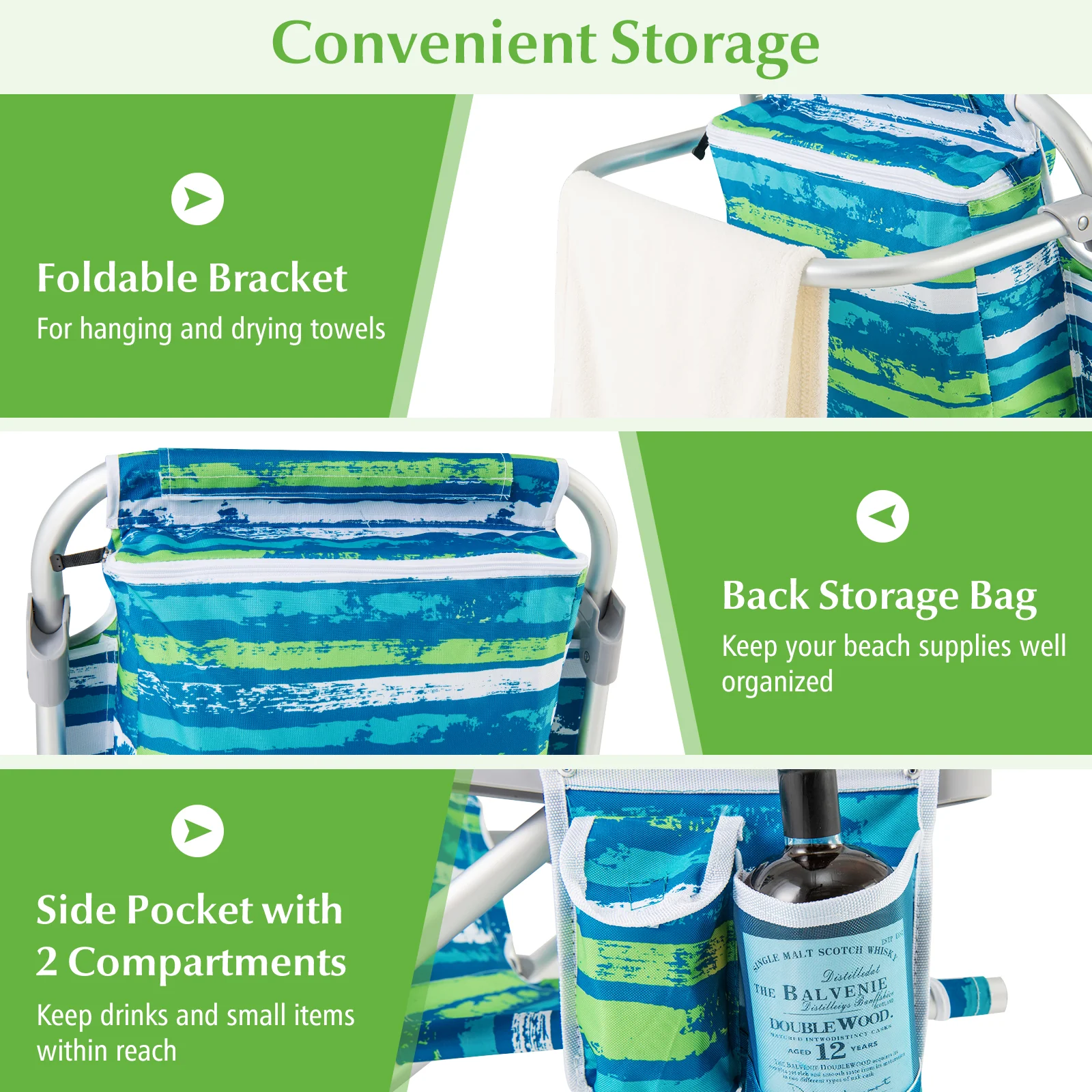Foldable Backpack Beach Chair, Cup Holder, Storage Pockets, Blue Green - Image 8