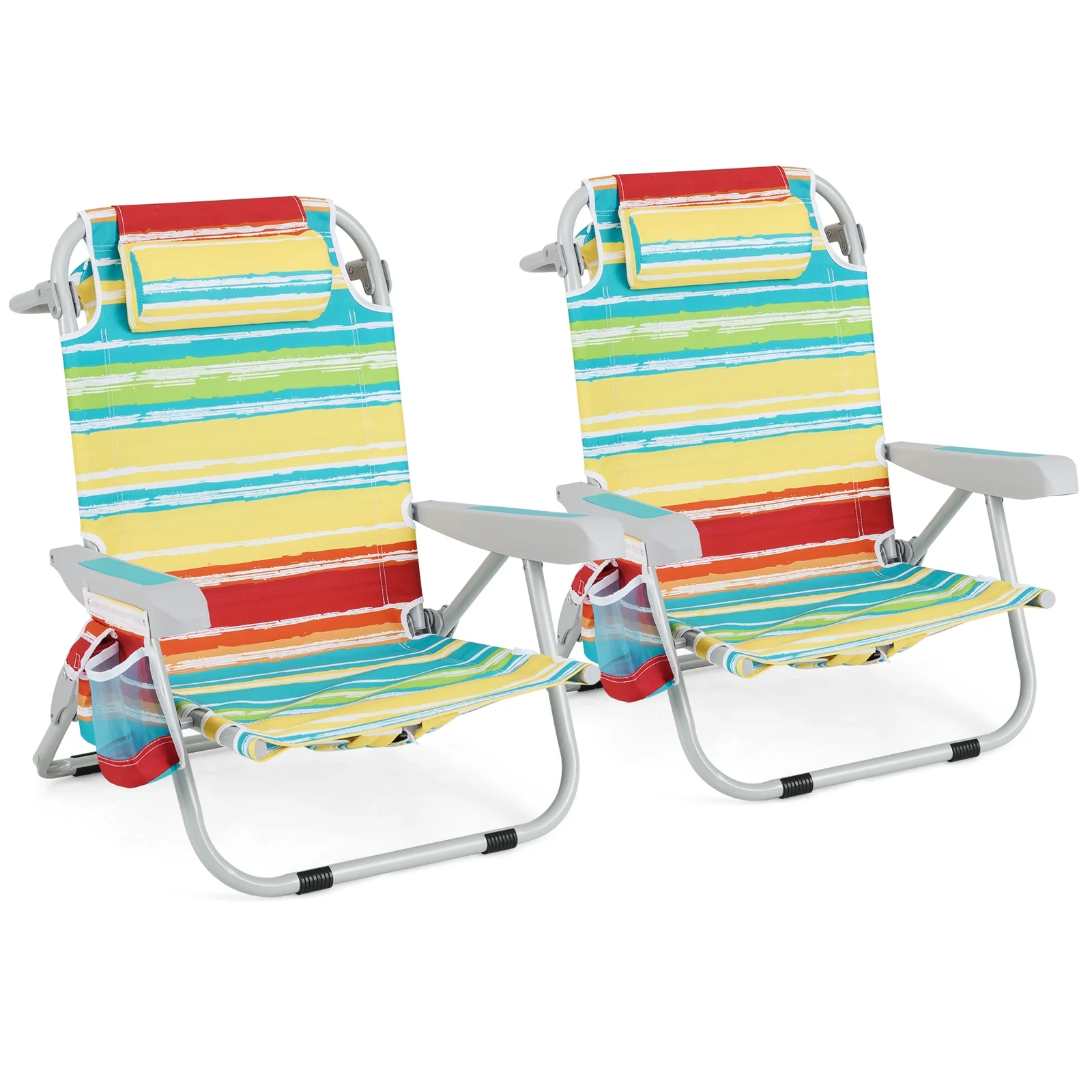 Foldable Backpack Beach Chair, Cup Holder, Storage Pockets, Set of 2, Multicolor