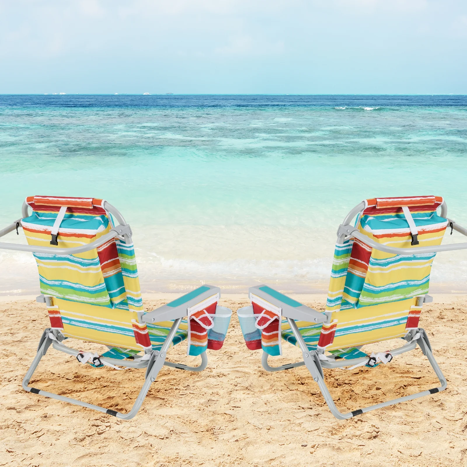 Foldable Backpack Beach Chair, Cup Holder, Storage Pockets, Set of 2, Multicolor - Image 2