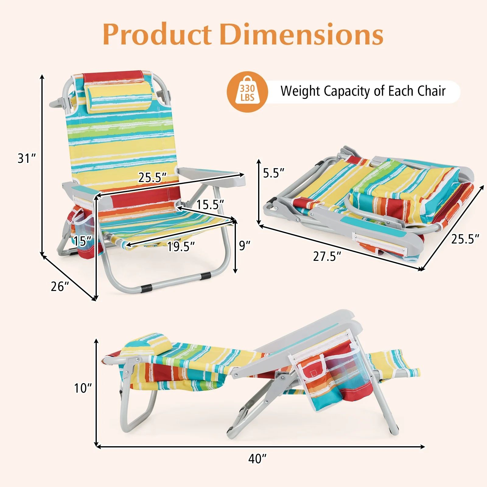 Foldable Backpack Beach Chair, Cup Holder, Storage Pockets, Set of 2, Multicolor - Image 5