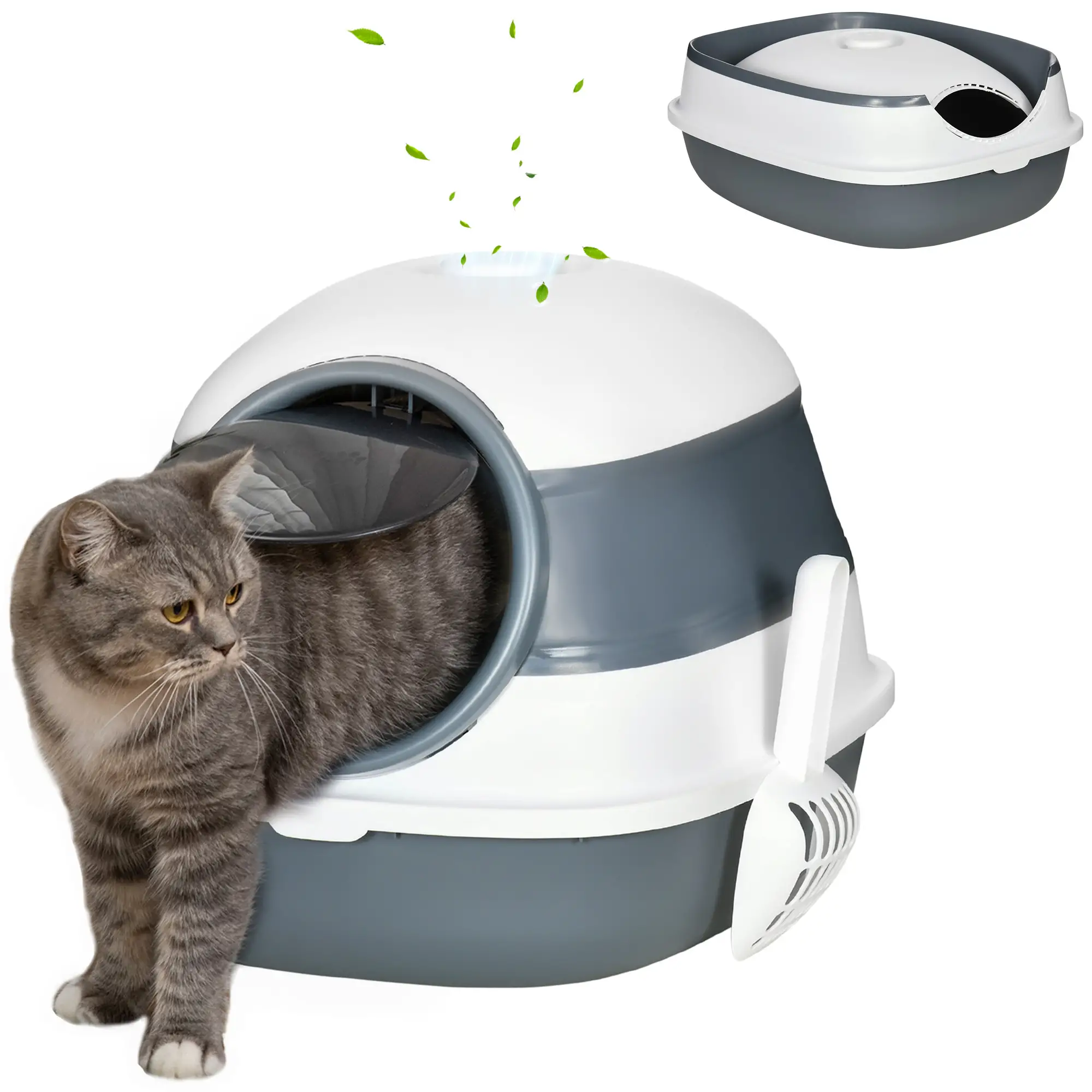 Foldable Cat Litter Box with Lid, Covered, White and Grey