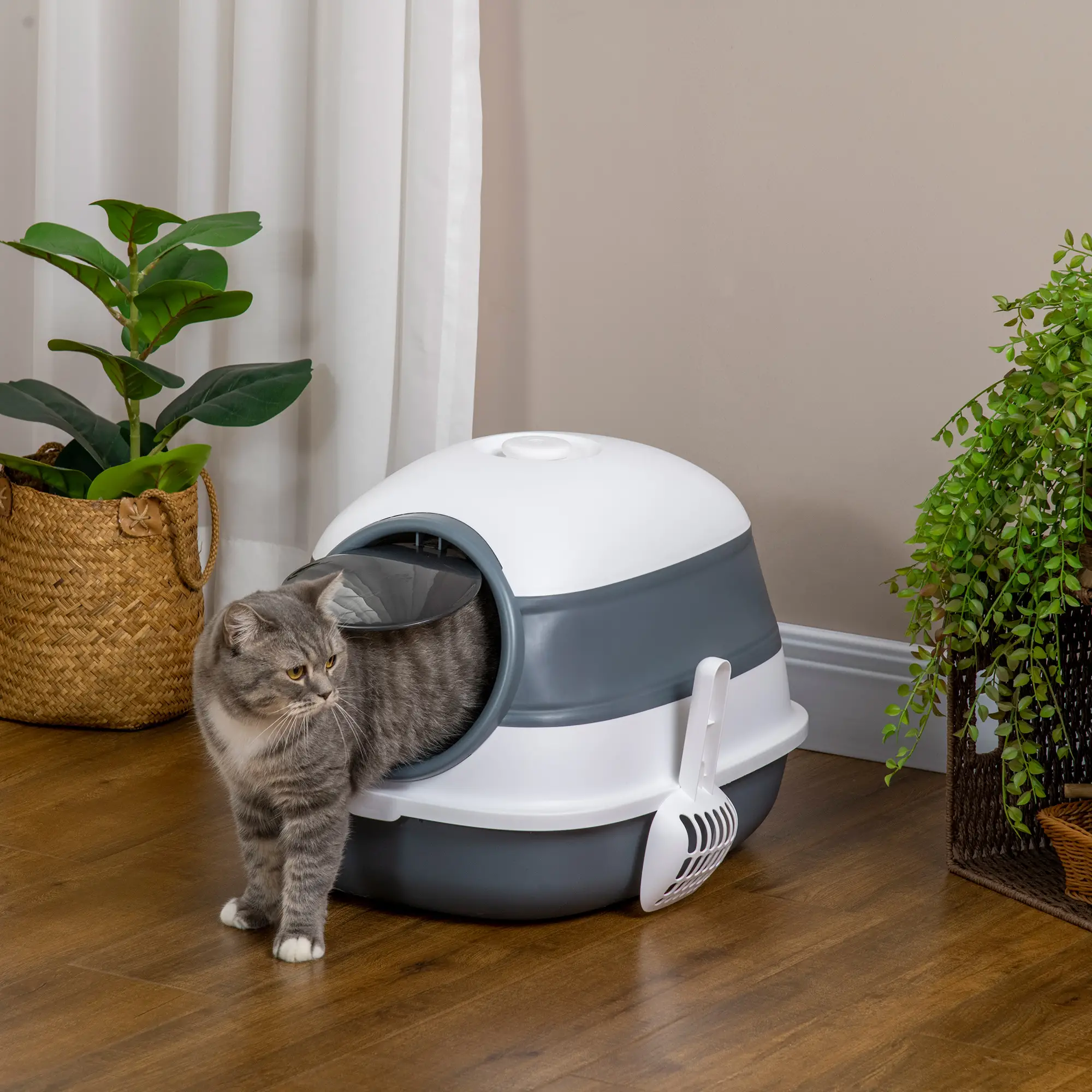 Foldable Cat Litter Box with Lid, Covered, White and Grey - Image 2