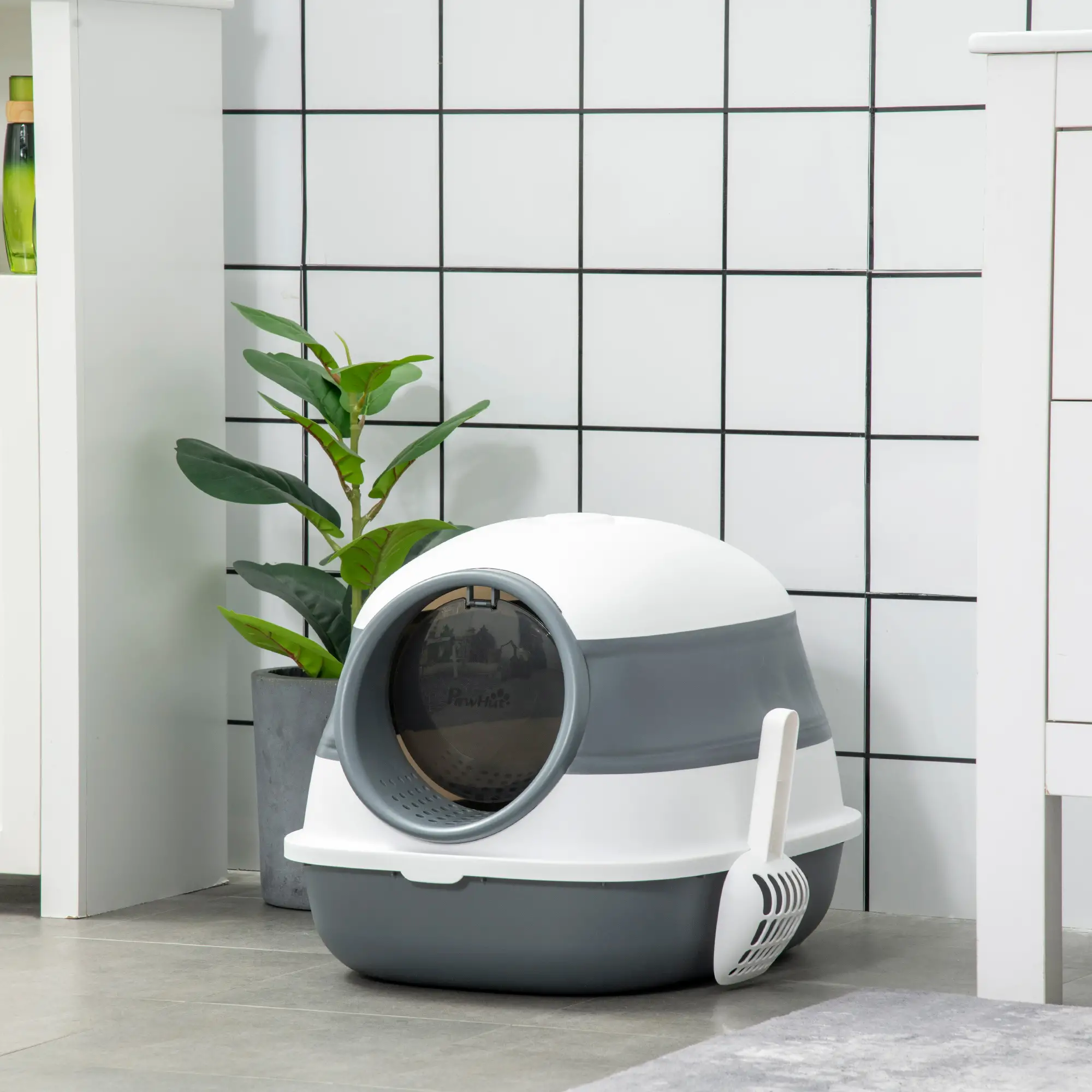 Foldable Cat Litter Box with Lid, Covered, White and Grey - Image 8