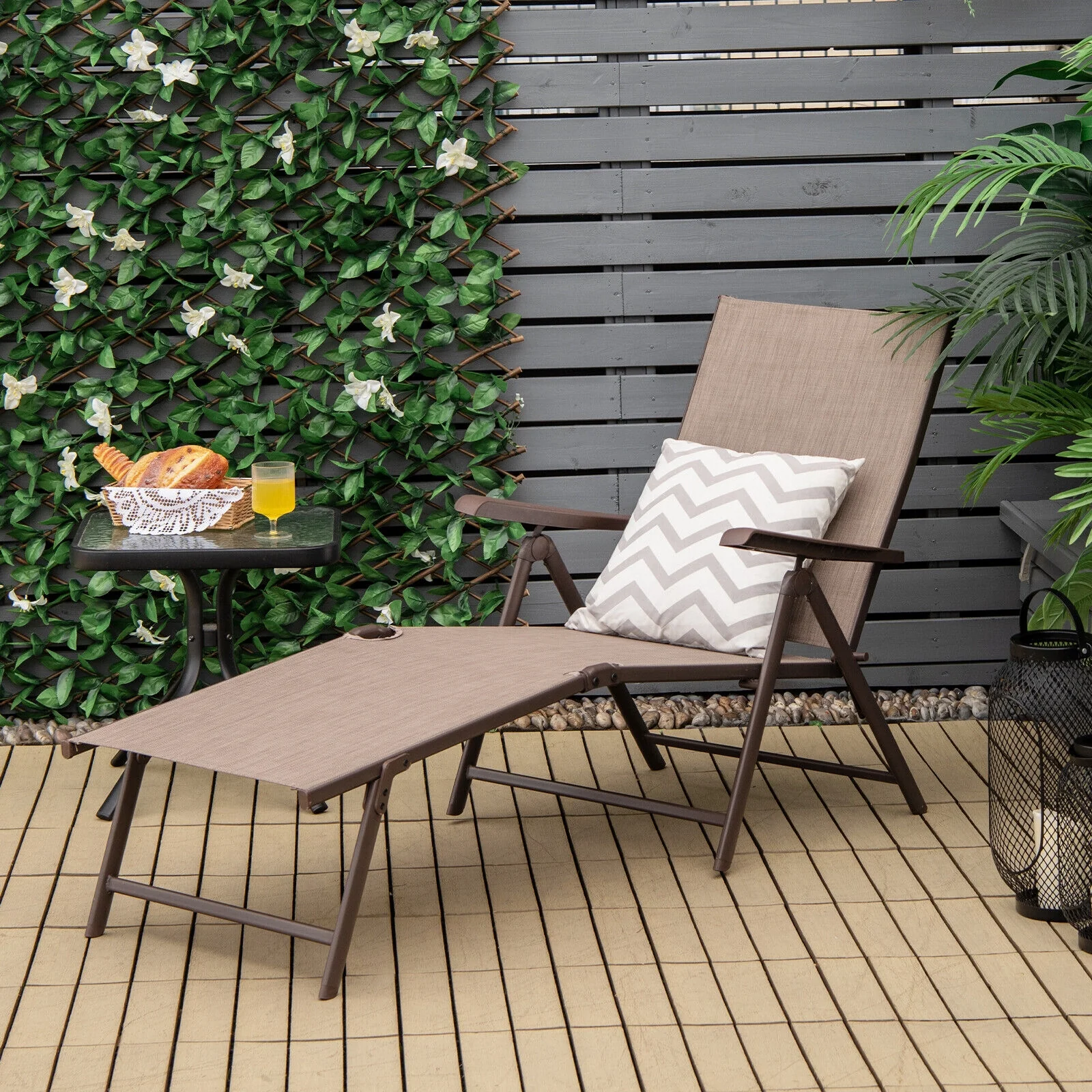 Foldable Chaise Lounge Chair, 2-Position Footrest, Brown - Image 2