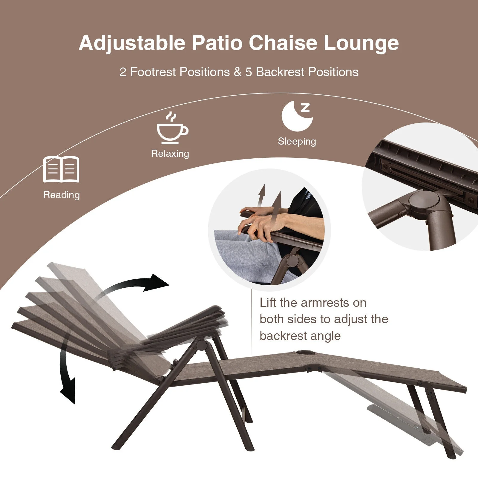 Foldable Chaise Lounge Chair, 2-Position Footrest, Brown - Image 7