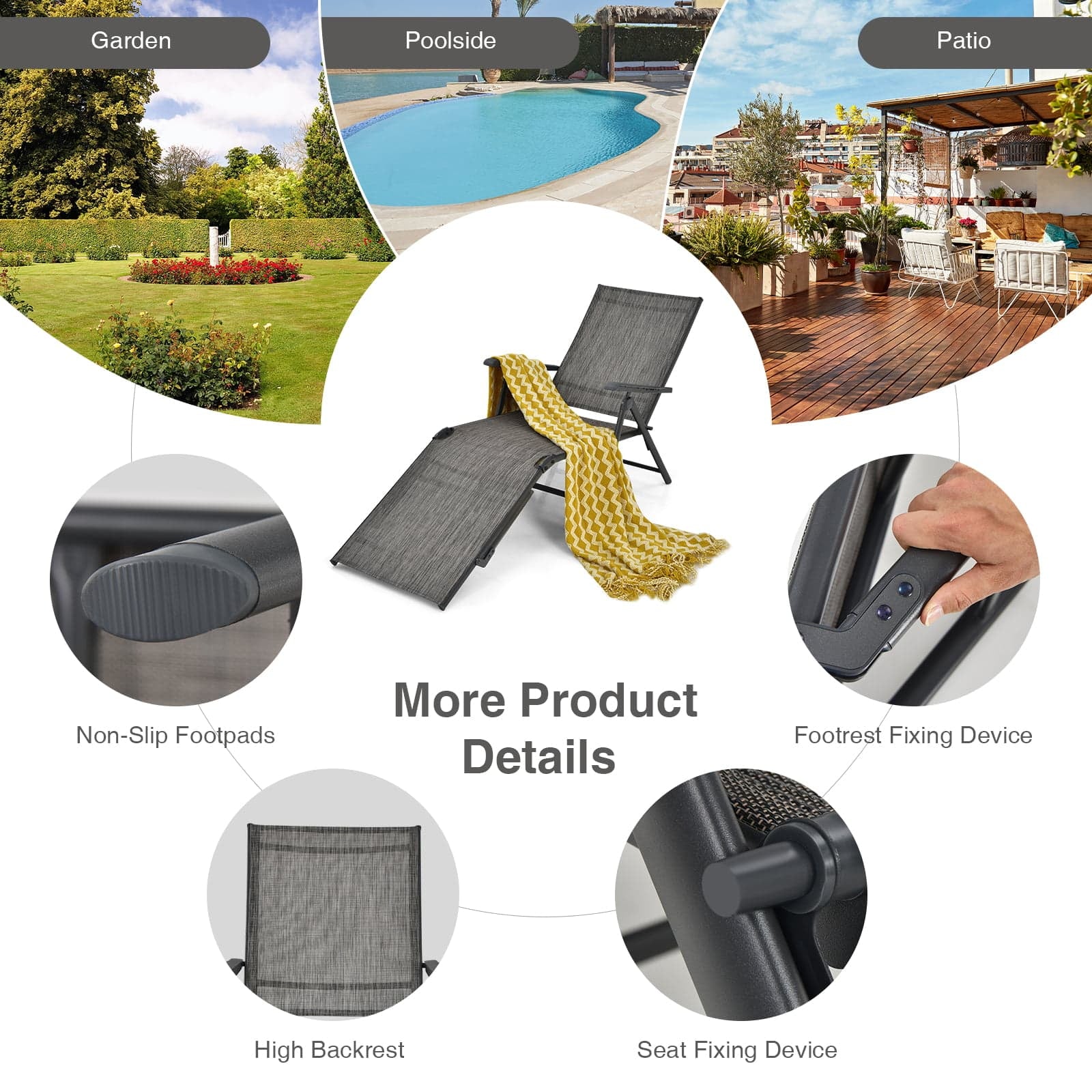 Foldable Chaise Lounge Chair, 2-Position Footrest, Gray - Image 9