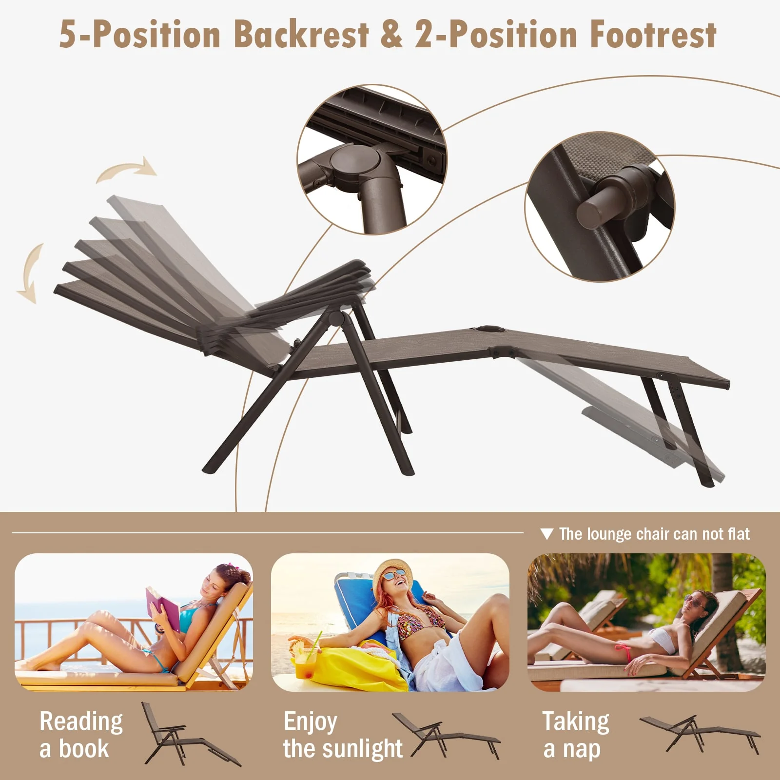 Foldable Chaise Lounge Chair With Backrest And Footrest, Brown - Image 4