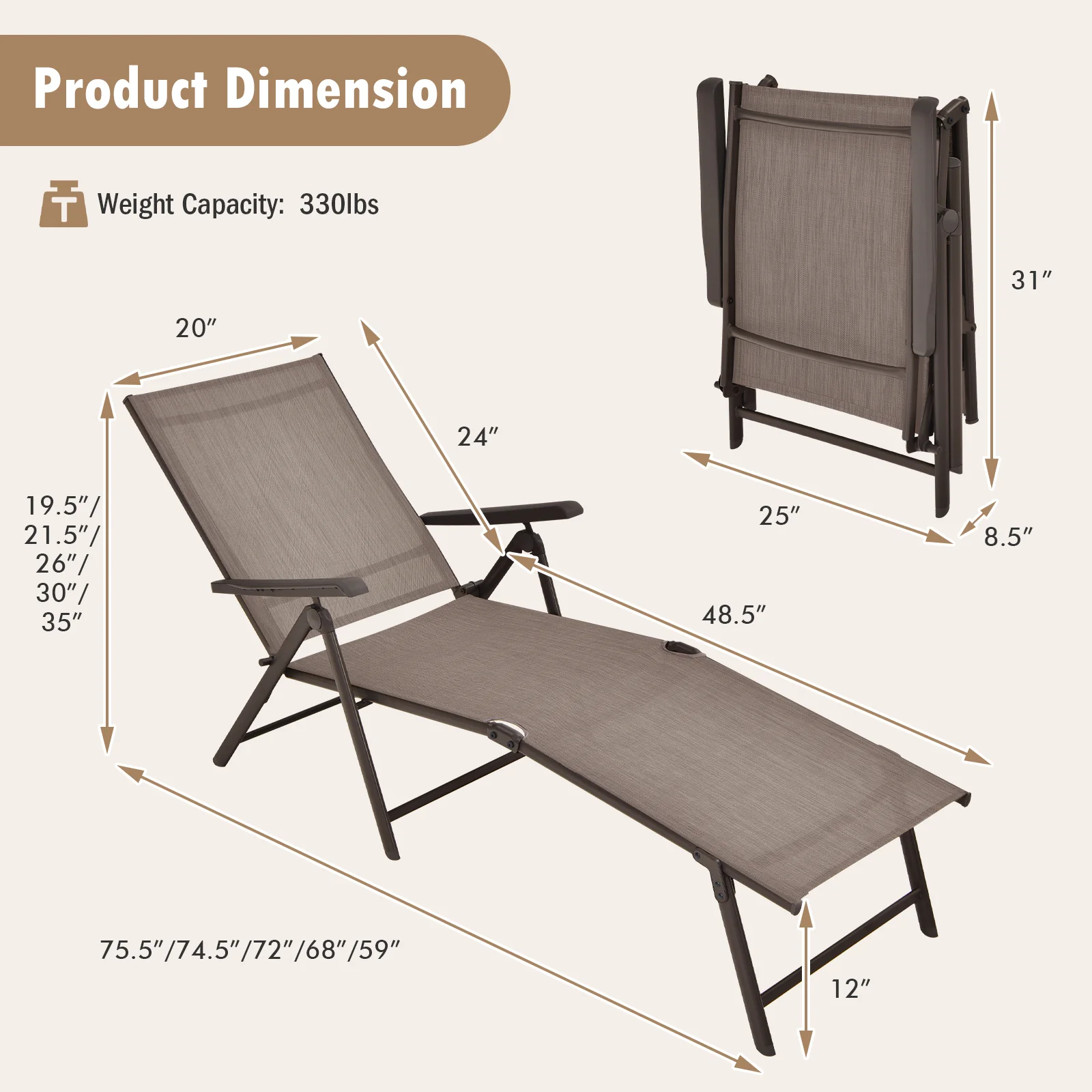 Foldable Chaise Lounge Chair With Backrest And Footrest, Brown - Image 5