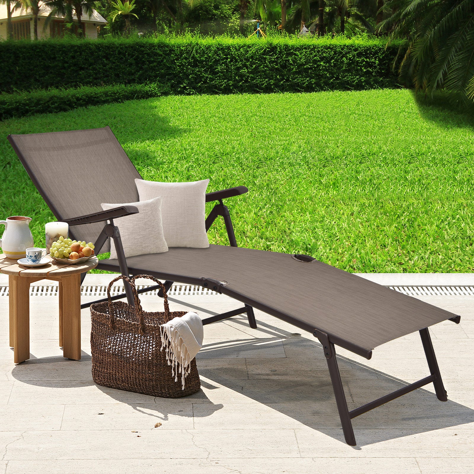 Foldable Chaise Lounge Chair With Backrest And Footrest, Brown - Image 7
