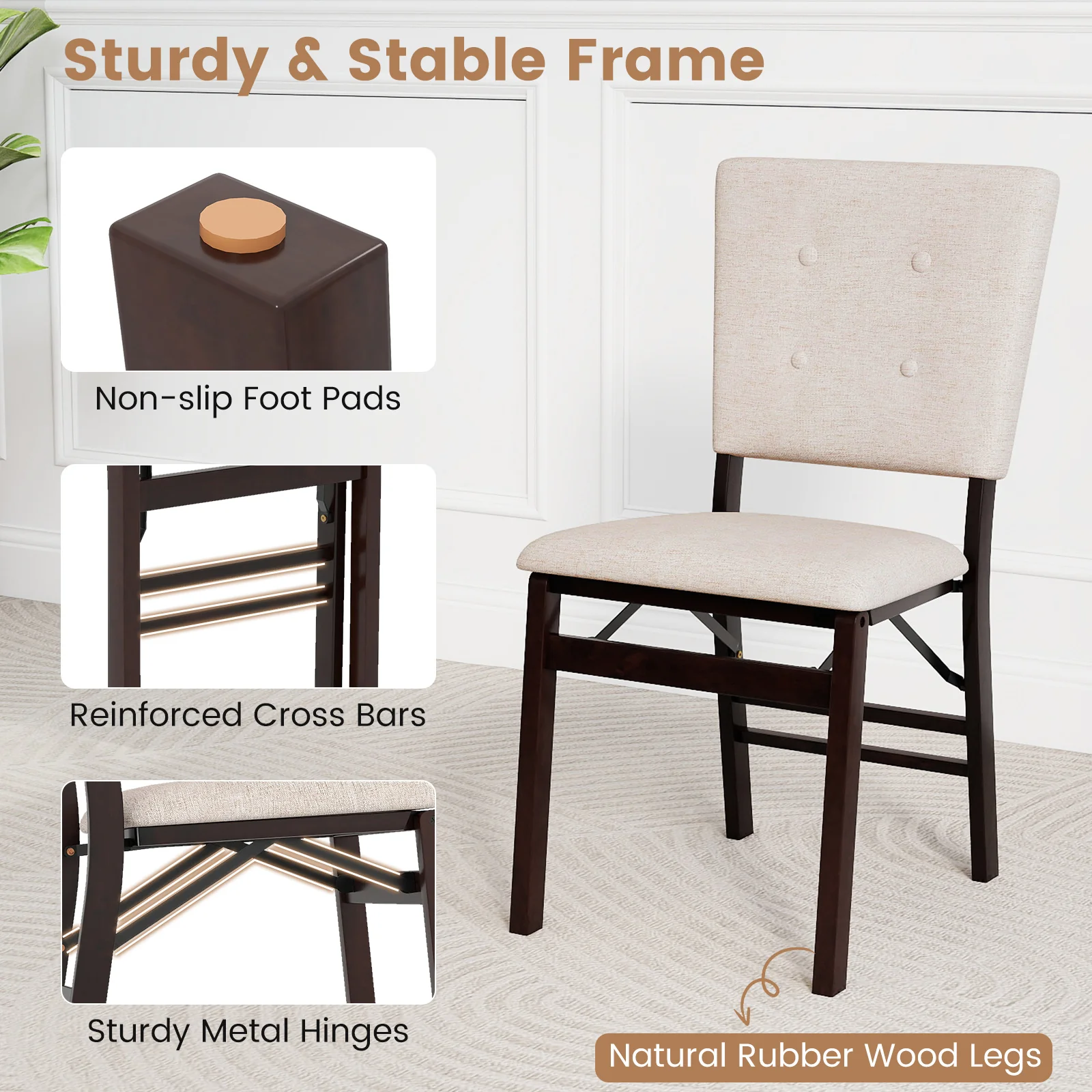 Foldable Dining Chair Set, 2 Armless Kitchen Chairs, Padded Seat, Beige - Image 10